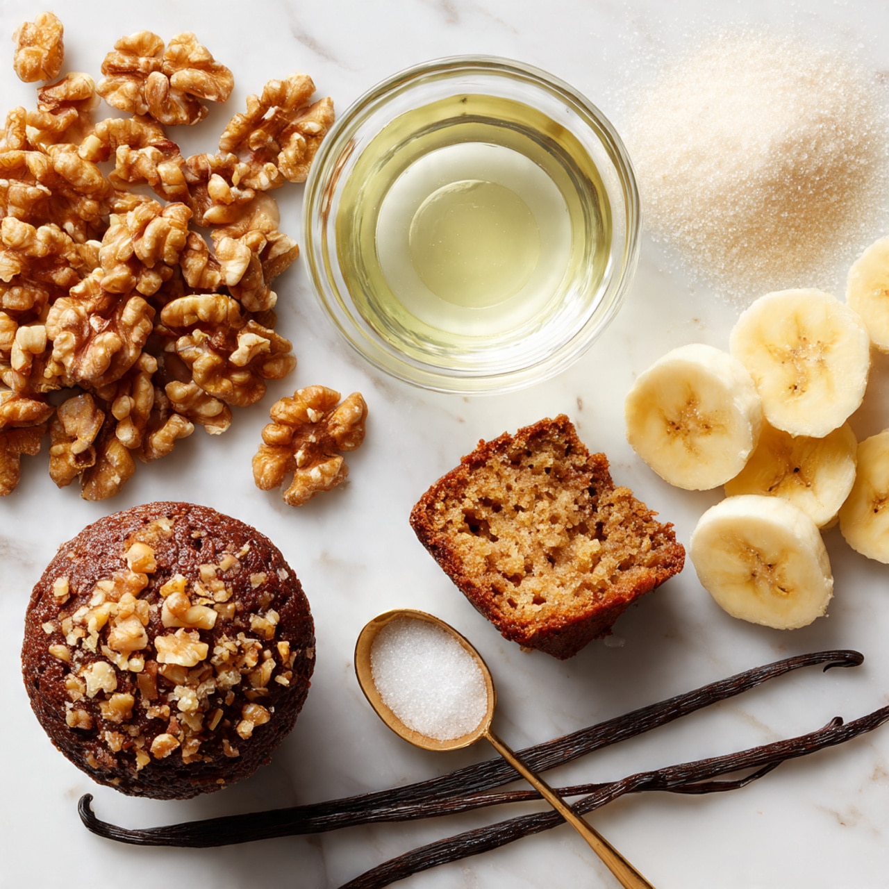 The image shows a white marbled surface with baking ingredients arranged neatly. On the top side, there is a bunch of broken walnuts in a warm brown color. Below that slightly to the left is a small glass bowl filled with a clear light liquid. Next to the bowl, there is a small pile of white powder. In the middle, there is a dark brown muffin, topped with crushed nuts, and a half muffin showing a dense texture with bits inside. To the right, there is a small pile of sliced bananas in pale yellow with soft texture. Below the bananas, a golden scoop holds white granulated sugar. At the bottom left, there are two cinnamon sticks in dark brown and a vanilla bean pod with a curved shape and deep brown color. The whole setup looks clean and organized on the white marbled surface photo taken with an iphone --ar 4:5 --v 7