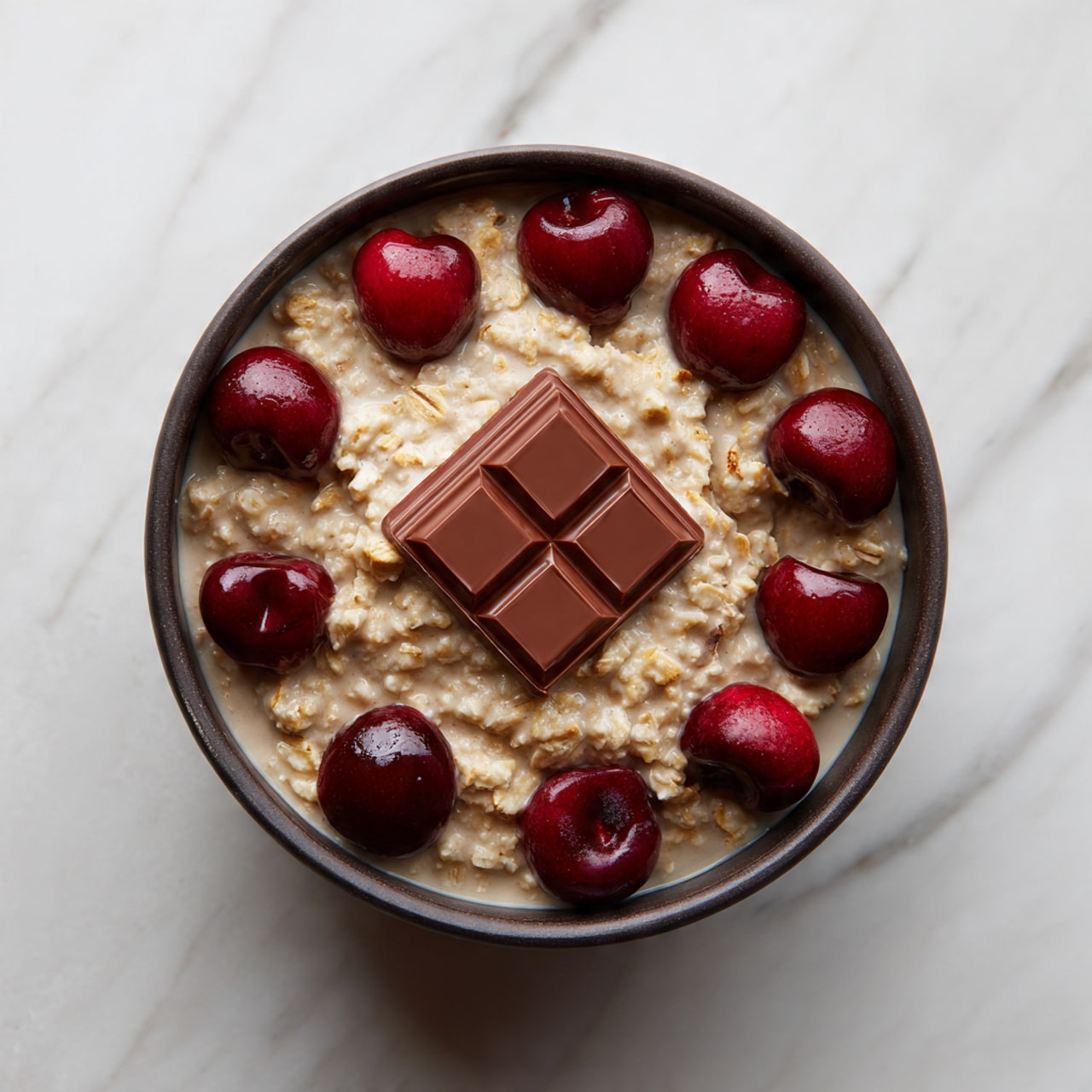 A dark bowl filled with a layer of light beige oatmeal topped with seven dark red cherry halves placed around the edge. In the center, there is a square piece of milk chocolate slightly melted and soft. The oatmeal texture looks thick and creamy with some visible oats. The dark bowl contrasts with the bright oatmeal and chocolate pieces. The photo is taken on a white marbled surface. Photo taken with an iphone --ar 4:5 --v 7