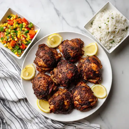 A white plate holds six pieces of grilled chicken with a dark brown, slightly crispy skin, arranged in a circle with three lemon wedges spaced evenly around the edge of the plate. Nearby is a white square dish filled with a colorful vegetable mix including yellow corn, red and green peppers, and diced carrots. Another white square dish contains plain white rice, slightly fluffy in texture. All dishes are placed on a white marbled surface with a striped cloth visible beneath the chicken plate. Photo taken with an iphone --ar 4:5 --v 7