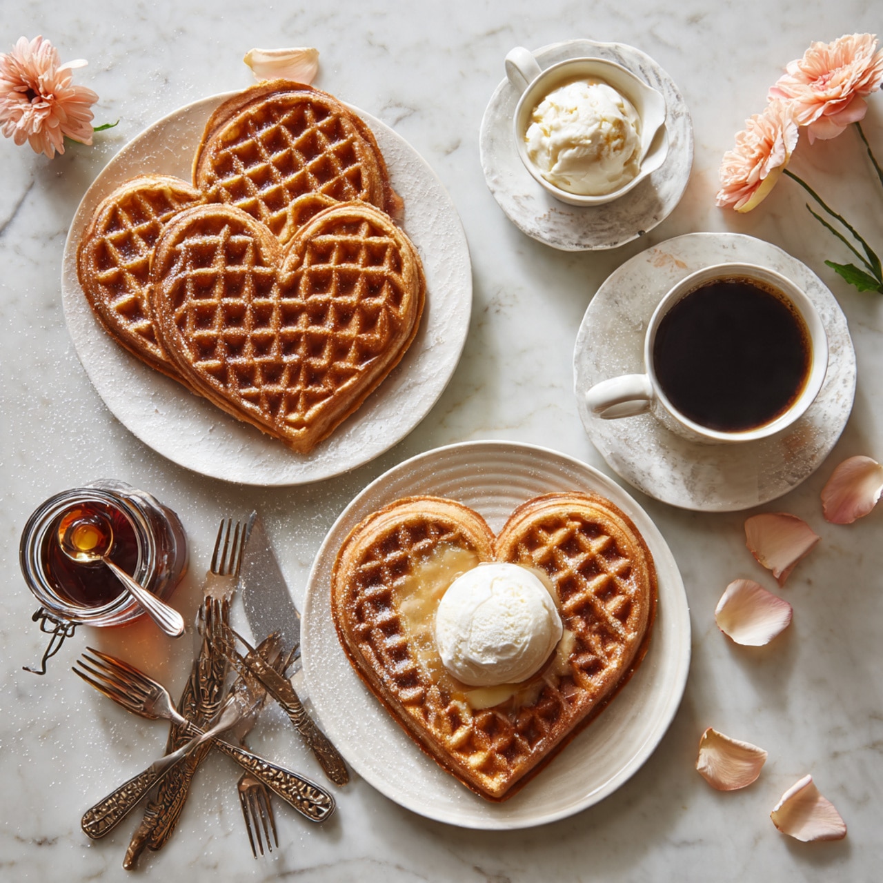 The image shows two white plates with golden-brown heart-shaped waffles, each plate holding one large waffle made of six heart pieces. One plate has a plain waffle with a slightly crispy edge, while the other plate shows a waffle topped with a white creamy scoop, drizzled with a light syrup. Nearby, two small white cups hold a dark black coffee. There is a white bowl filled with thick cream and a spoon resting inside it. A small jar filled with syrup with a dark lid sits on the left side of the image. Several forks, spoons, and knives with decorative handles lay diagonally in the bottom left corner. The entire arrangement is placed on a white marbled surface with a few scattered flower petals and light dustings of flour. Photo taken with an iphone --ar 4:5 --v 7