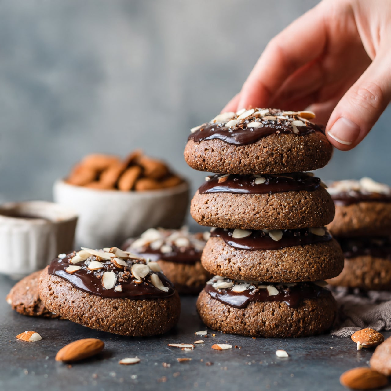 The image shows a pile of chewy chocolate almond cookies stacked on a dark surface. The cookies have a warm brown color with smooth, glossy chocolate icing on top, sprinkled with sliced almonds that add texture. Some cookies are stacked vertically in the back, with others lying flat in front, showing their soft and slightly rough crumb texture. In the background, there are small white bowls, one filled with more sliced almonds, all set on a white marbled surface. A woman's hand is gently holding one cookie on the side, adding a sense of scale. photo taken with an iphone --ar 4:5 --v 7