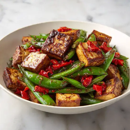 A white pan filled with a stir-fry dish showing three main layers: at the bottom, brown pieces of cooked tofu with a slightly crispy texture; mixed with bright green snap peas and light green stems evenly spread around; on top, scattered small red chopped bell peppers adding a pop of color. The vegetables and tofu have a shiny, lightly oily surface, indicating they are cooked but fresh. The background is a white marbled surface. photo taken with an iphone --ar 4:5 --v 7