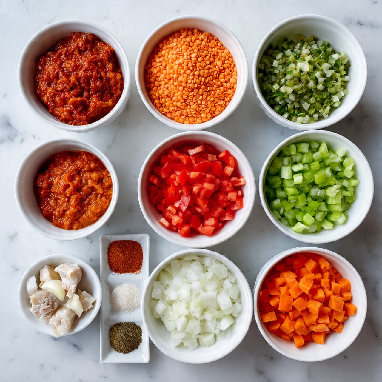 The image shows ten small white bowls arranged on a white marbled surface, each filled with different chopped ingredients. Starting from the top left, the first bowl contains a red, chunky sauce or paste, next to it is a bowl with bright orange lentils. Below are smaller white bowls filled with finely chopped orange carrots, vibrant red diced tomatoes, and green celery pieces. On the bottom row, there are three bowls containing finely chopped white onions, minced garlic cloves, and chicken pieces cut into small cubes. There is also a small white dish holding a few different powders and spices. The scene is well-lit, with all the colors of the ingredients clear and fresh. photo taken with an iphone --ar 4:5 --v 7