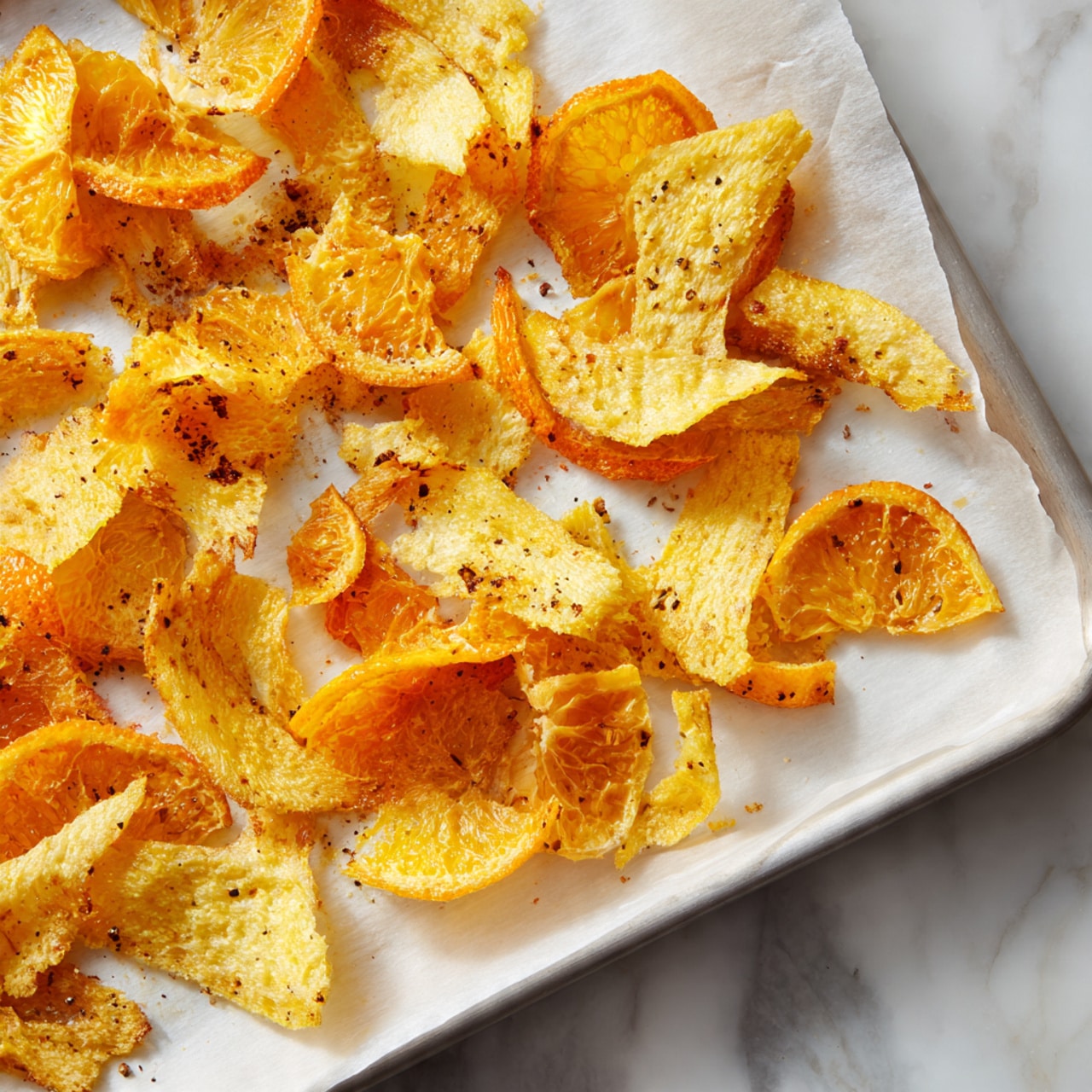 The image shows a white baking tray filled with many small pieces of roasted orange and light brown food, spread out evenly on a sheet of white parchment paper. The tray is resting on a white marbled surface. The roasted pieces have an uneven, crispy texture and appear slightly curled or wrinkled around the edges, with some darker brown spots indicating roasting. Photo taken with an iphone --ar 4:5 --v 7