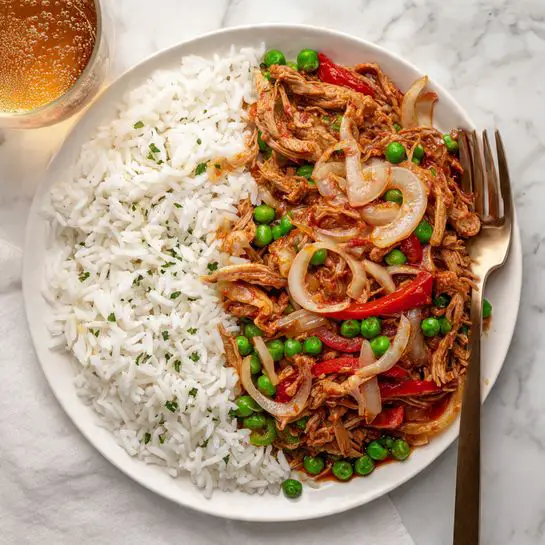 A white plate on a white marbled surface holding two main layers: the left half has fluffy white rice with separated grains, while the right half contains a mix of shredded brown meat, bright green peas, thin slices of cooked onions, and pieces of red and green bell peppers in a light red sauce. A bronze fork rests on the right side of the plate, partly on the food. Above the plate, there is a glass of amber liquid with bubbles. The photo taken with an iphone --ar 4:5 --v 7
