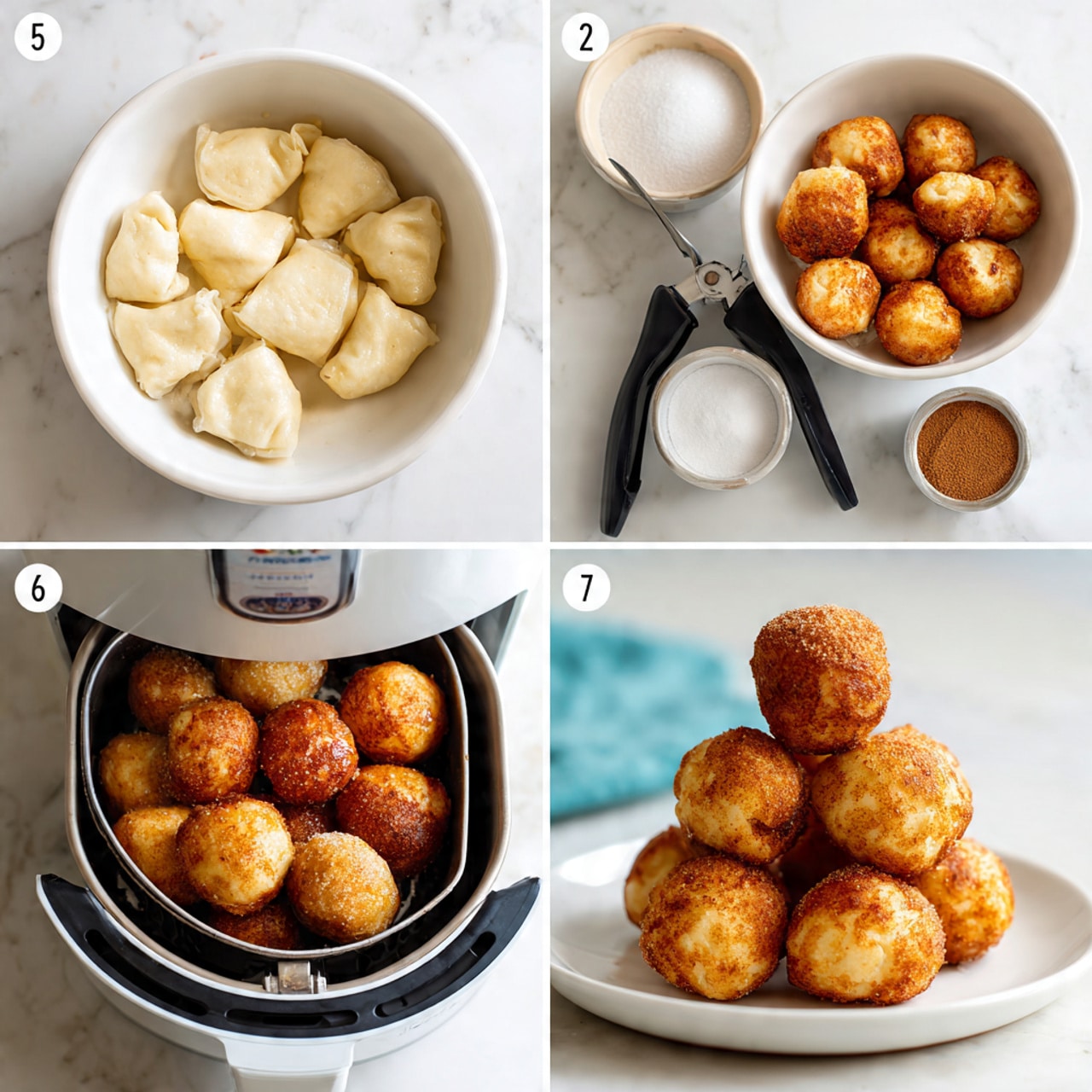 The first image shows white marbled surface with a pack of Pillsbury ready-to-bake dough, a small container of ground cinnamon, and a white measuring cup filled with sugar. The second image features a white bowl with many small folded dough pieces and a black kitchen scissor resting on the bowl edge. The third image shows the same bowl now filled with small fried golden and light brown dough balls. The fourth image captures an air fryer basket filled with the small dough balls, showing a crisp golden outer layer. The fifth image shows the same dough balls inside the air fryer basket again, but now coated in a shiny cinnamon sugar glaze. The final image presents a white plate with several golden brown dough balls stacked, looking crispy and sweet. The background in all images is white marbled texture. photo taken with an iphone --ar 4:5 --v 7