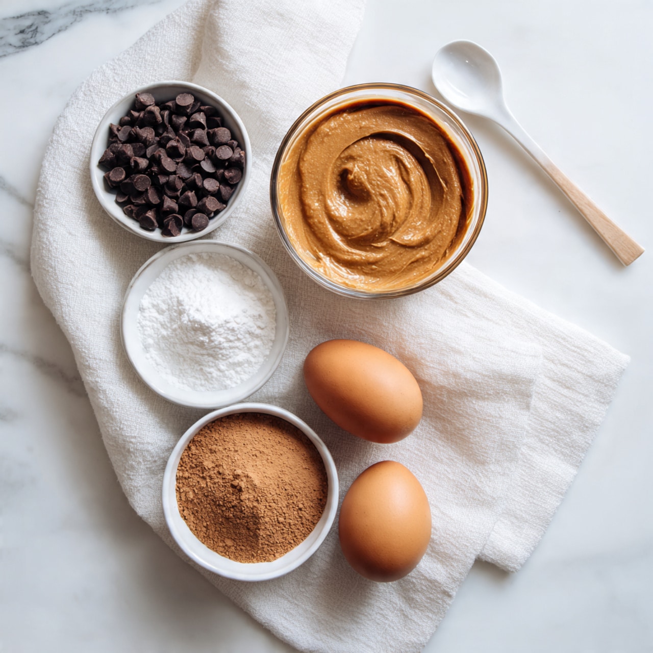 The image shows a soft white cloth on a white marbled surface with five clear round bowls placed on it. One bowl is filled with brown peanut butter that looks smooth and creamy, placed near the top right. Another bowl contains small dark brown chocolate chips on the left side. Below the peanut butter bowl, there is a bowl with light brown powder, likely cocoa or cinnamon. Next to it, a smaller bowl holds white powder, possibly baking soda or baking powder. Finally, two brown eggs rest directly on the cloth near the right side. A white utensil handle is partially visible at the top right. photo taken with an iphone --ar 4:5 --v 7