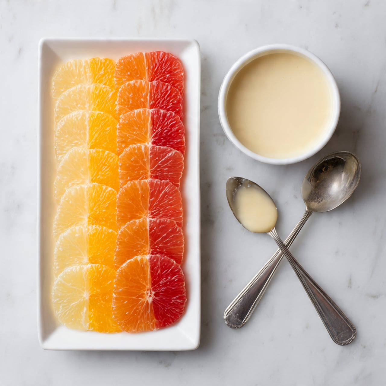 A white plate with three neat rows of peeled citrus slices arranged side by side: the left row is light orange, the middle row is a deeper orange, and the right row is bright red, each slice showing a juicy, translucent texture. To the right of the plate is a white container of smooth, pale cream with a rounded scoop taken out from the front edge, and above it lies a simple silver spoon with a bit of cream on it. All items rest on a white marbled surface photo taken with an iphone --ar 4:5 --v 7
