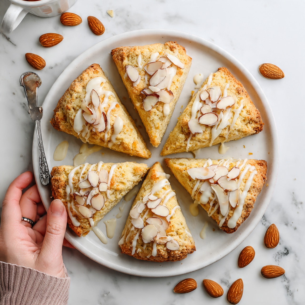 A white round plate holds six triangular scones arranged in a circle. Each scone is golden brown with a slightly crumbly texture, topped with thin white icing drizzle and sprinkled with almond slices. Scattered around the plate, on a white marbled surface, are more sliced almonds and a few whole almonds. A woman's hand in the upper left corner lightly touches the edge of the plate. photo taken with an iphone --ar 4:5 --v 7