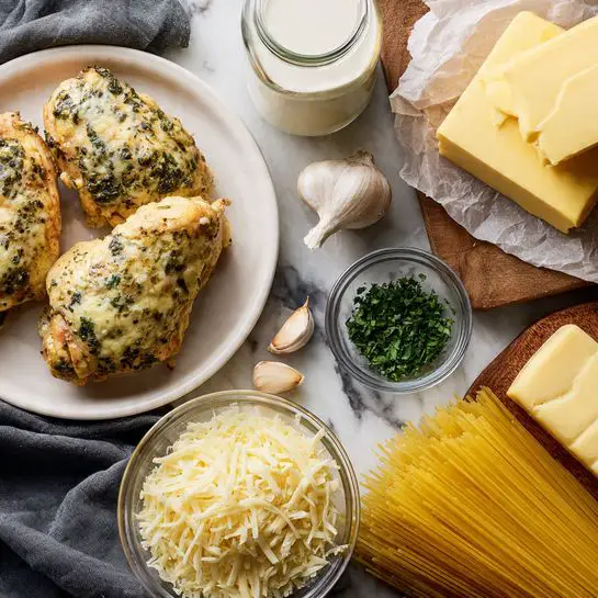 The image shows several ingredients arranged on a white marbled surface. On the left, a white plate holds three cooked, herb-covered chicken pieces with a dark, crispy texture and green garnish. Nearby, there is a whole garlic bulb and two peeled garlic cloves lying close. Below, a glass jar is filled with milk. In the center, a small white bowl contains shredded pale yellow cheese, and next to it, a small clear glass bowl holds chopped green herbs. On the right, a wooden cutting board with a piece of white parchment paper holds a block of white cream cheese and a stick of yellow butter. At the bottom right, a bundle of uncooked yellow spaghetti pasta lays partially on a dark gray cloth. Photo taken with an iphone --ar 4:5 --v 7