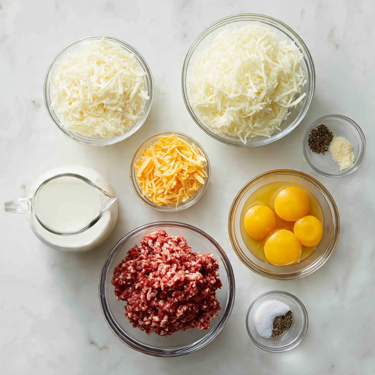 The image shows six clear glass bowls of different sizes arranged on a white marbled surface. One large bowl in the center contains finely shredded white potatoes. To its right, a medium bowl holds bright yellow whisked eggs. Below that, another medium bowl is filled with raw ground meat mixed with seasonings, showing a red and beige texture. To the left of the meat, a glass measuring cup holds white milk. Above that, a small bowl contains finely shredded orange-yellow cheddar cheese. Two tiny bowls near the milk hold small amounts of black pepper and white salt. Everything is clean and neatly arranged in a flat lay style, photo taken with an iphone --ar 4:5 --v 7