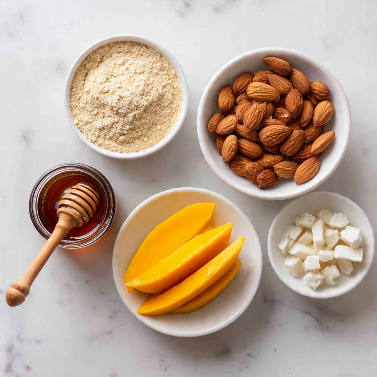 The image shows a white marbled surface with four white bowls and a small jar arranged neatly. The top right bowl is filled with whole almonds, displaying a smooth, brown texture. The top left bowl contains pale, beige powder with a fine texture. Below the powder, there are bright orange, thin mango slices neatly stacked. To the bottom left, a small jar of dark honey with a wooden honey dipper resting on its edge. The bottom right bowl holds small, white chunks that look like coconut flakes. photo taken with an iphone --ar 4:5 --v 7