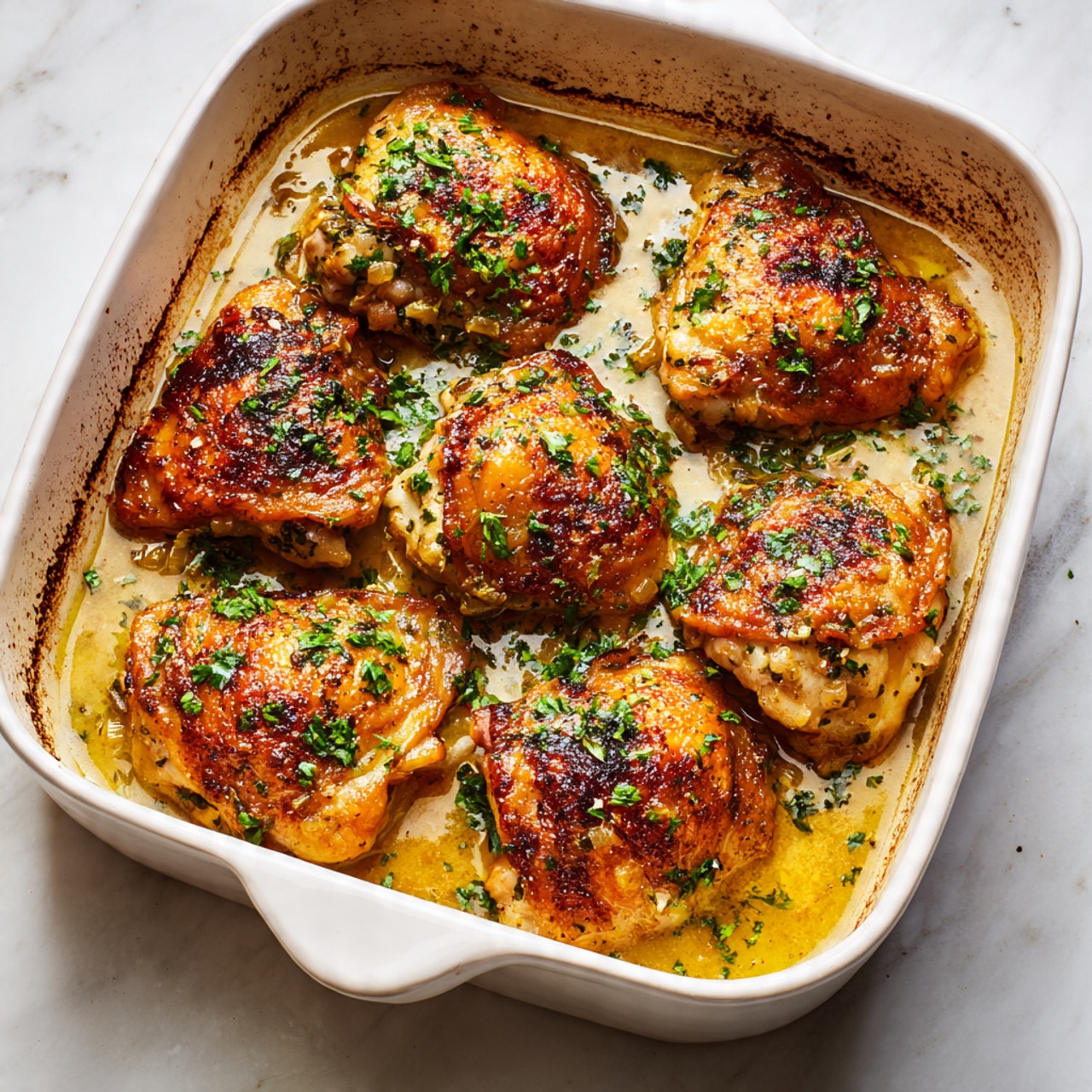 A white rectangular baking dish filled with seven golden baked chicken thighs sitting in a light brown sauce. The chicken has a slightly browned, crispy skin with small bits of cooked onion and herbs on top. Bright green chopped parsley is sprinkled evenly over the chicken and sauce. The edges of the dish have some browned spots from baking. The dish sits on a white marbled texture surface. photo taken with an iphone --ar 4:5 --v 7