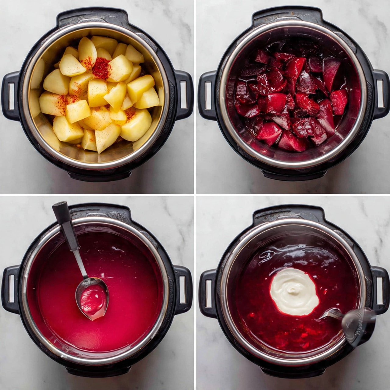The images show a step-by-step cooking process inside a stainless steel electric cooker placed on a white marbled surface. The first image presents peeled and chopped light yellow potatoes and deep red beets, along with minced garlic and seasoning, arranged in layers inside the cooker. The second image shows some liquid poured over the same ingredients, slightly covering the potatoes and beets but leaving some pieces above the liquid surface. The third image captures the cooker steaming, with the vegetables cooking beneath the red liquid, visible through the steam. In the fourth image, the contents have been blended into a smooth, deep red soup or sauce with a small dollop of white creamy substance added on top, and an immersion blender immersed into the mixture. Photo taken with an iphone --ar 4:5 --v 7