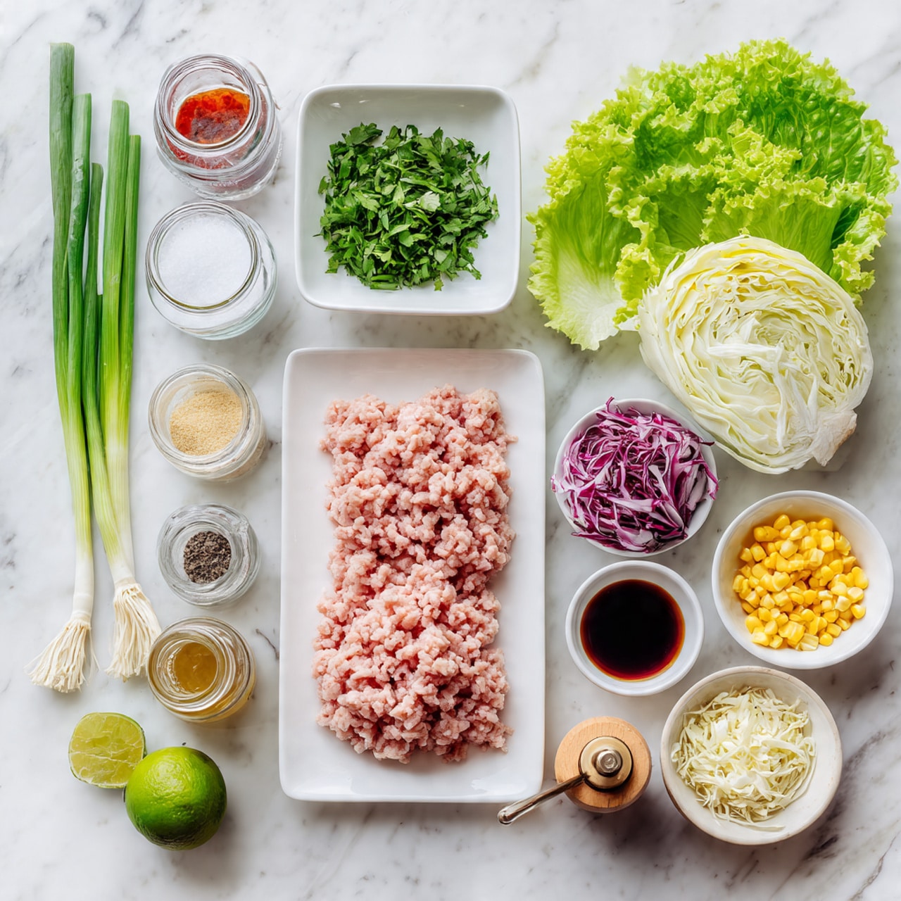 The image shows neatly arranged ingredients on a white marbled surface, centered around a rectangular white plate filled with light pink ground chicken. To the left of the plate, there are three green onions with white bases and green tops, placed vertically. Above the ground chicken is a small square white bowl with chopped fresh green herbs, and to its right, a small round white bowl holds shredded white and purple cabbage. On the right side, a fresh green butter lettuce head sits prominently. Surrounding these main items are small white bowls and containers with minced garlic, yellow corn kernels, chopped white onion, soy sauce, and red chili sauce. There are also two glass spice jars, one with salt and one with black pepper, and a glass olive oil bottle with a brown stopper. Near the bottom center, a sliced lime is placed next to a wooden citrus juicer. photo taken with an iphone --ar 4:5 --v 7