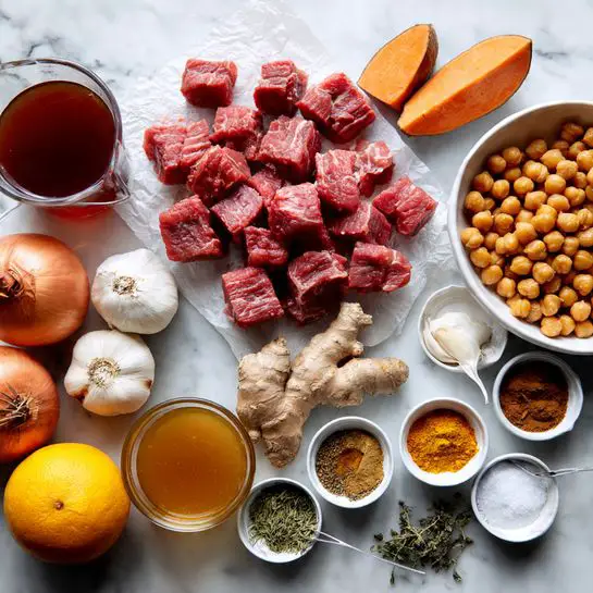 The image shows an overhead view of various raw ingredients arranged on a white marbled surface with a piece of parchment paper underneath. In the center is a pile of bright red raw meat cubes. To the right of the meat are three orange sweet potatoes and a white bowl filled with light brown chickpeas. Below these is a cluster of fresh ginger root, a glass cup with dark red liquid, and a clear measuring cup with light brown broth. At the bottom left are a yellow onion, two garlic bulbs, and one whole orange. Several small white bowls and measuring spoons containing different dry spices and powders surround the meat, including white salt, yellow turmeric, brown cinnamon, dark brown spice, and dried green herbs. The colors are natural and earthy, with a variety of textures from smooth liquids to rough ginger and root vegetables. photo taken with an iphone --ar 4:5 --v 7
