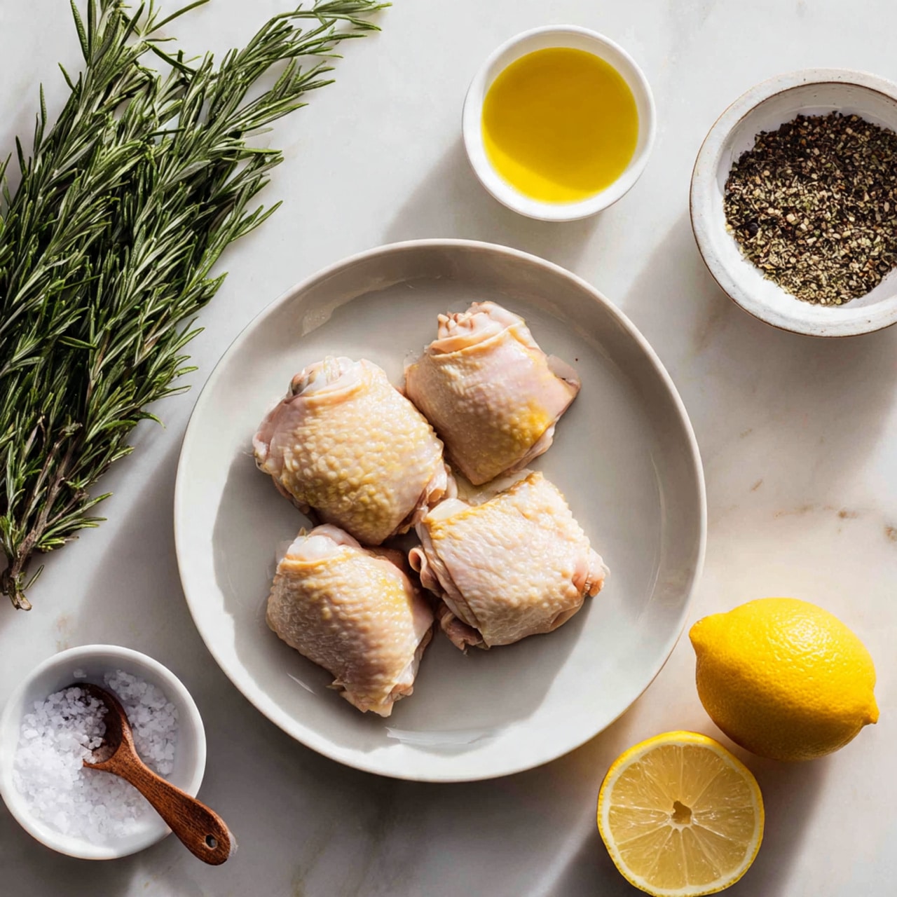 The image shows a white plate placed on a white marbled surface with four pieces of raw chicken thighs arranged loosely on the plate. To the left, there is a small bunch of fresh green rosemary sprigs. Above the plate is a small white bowl filled with light golden oil. To the right, there is a white bowl with black pepper seeds. Below the bowl of pepper, there are two lemon halves with bright yellow skin and juicy texture inside. At the bottom left of the plate, there is a small white bowl of coarse white salt with a small wooden spoon standing on it. The lighting is soft and natural, showing the fresh texture of all ingredients. Photo taken with an iphone --ar 4:5 --v 7