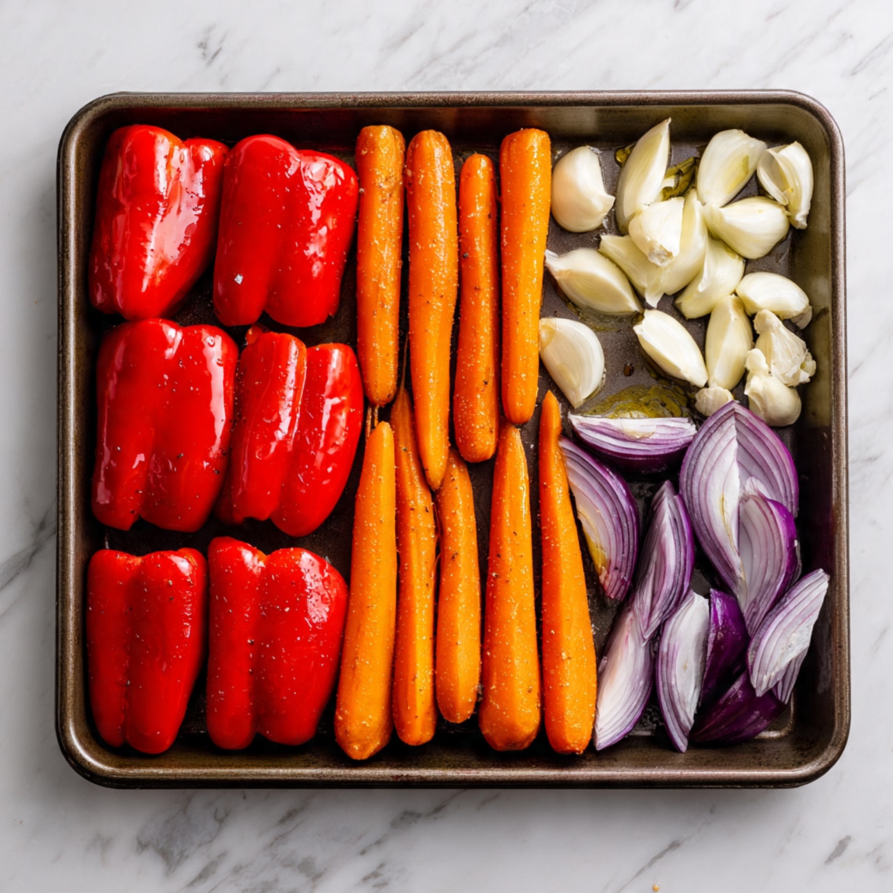A baking tray is filled with three rows of vegetables arranged neatly. The left row has large bright red bell pepper halves, shiny with oil. The middle row has whole orange carrots, lined side by side with smooth skin. The right row has garlic cloves, some whole and some sliced, and purple onion slices with layers clear and glossy, placed next to white onion wedges that have a light drizzle of oil. The tray rests on a white marbled surface. Photo taken with an iphone --ar 4:5 --v 7