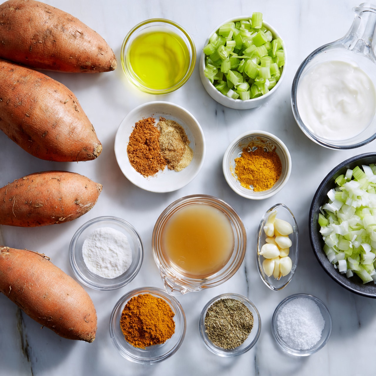 The image shows several cooking ingredients arranged neatly on a white marbled surface. On the left side, there are three large, orange sweet potatoes with rough skin. To the right, there are small white bowls and clear glass bowls with different contents: one bowl with bright yellow oil, another with finely chopped green celery, a third with white coconut milk, a fourth with light brown broth in a clear glass measuring cup, a small bowl with yellow curry powder, a bowl with ground brown spices, a bowl with chopped white garlic, a small bowl with salt, and a black bowl filled with chopped white onions. All items are cleanly presented and spaced out evenly. Photo taken with an iphone --ar 4:5 --v 7
