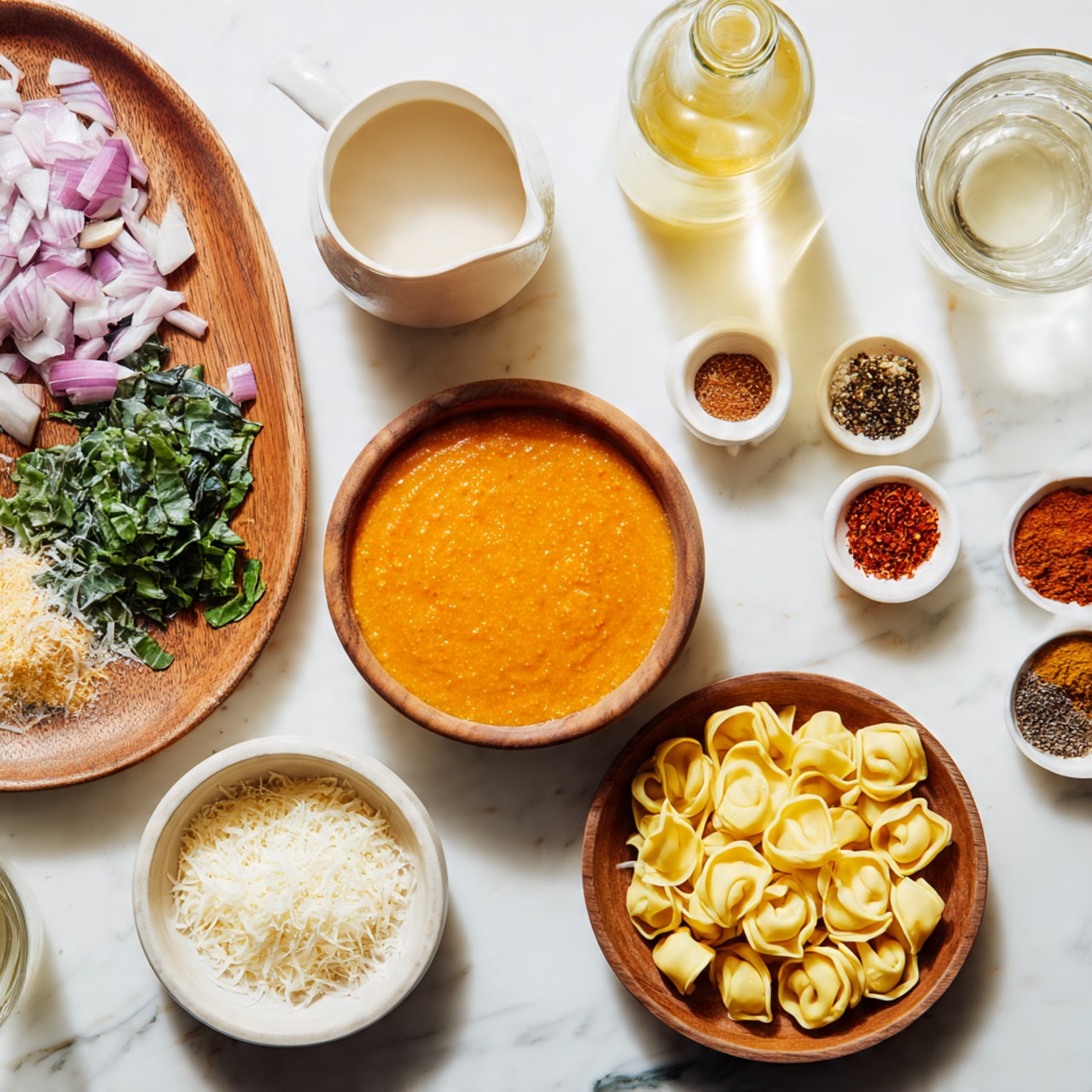 The image shows several ingredients arranged neatly on a white marbled surface. At the top center, there is a wooden bowl filled with a smooth, thick orange puree. To the right, a clear glass bottle holds a light yellow liquid, and next to it is a white ceramic pitcher filled with a creamy white liquid. Below the pitcher, a small wooden bowl contains finely grated white cheese. To the left, there is a wooden plate divided into two sections: one side has chopped green leafy herbs, and the other has thinly sliced light purple onions. Below this plate, a small white bowl is filled with shredded white cheese. At the bottom center, a large round bowl holds uncooked tortellini pasta with a yellowish hue. To the right of the herb and onion plate, another wooden plate displays a variety of spices arranged in small piles, including red flakes, minced garlic, and several powders in shades of brown and black. Glasses with clear liquid and broth are also visible. photo taken with an iphone --ar 4:5 --v 7