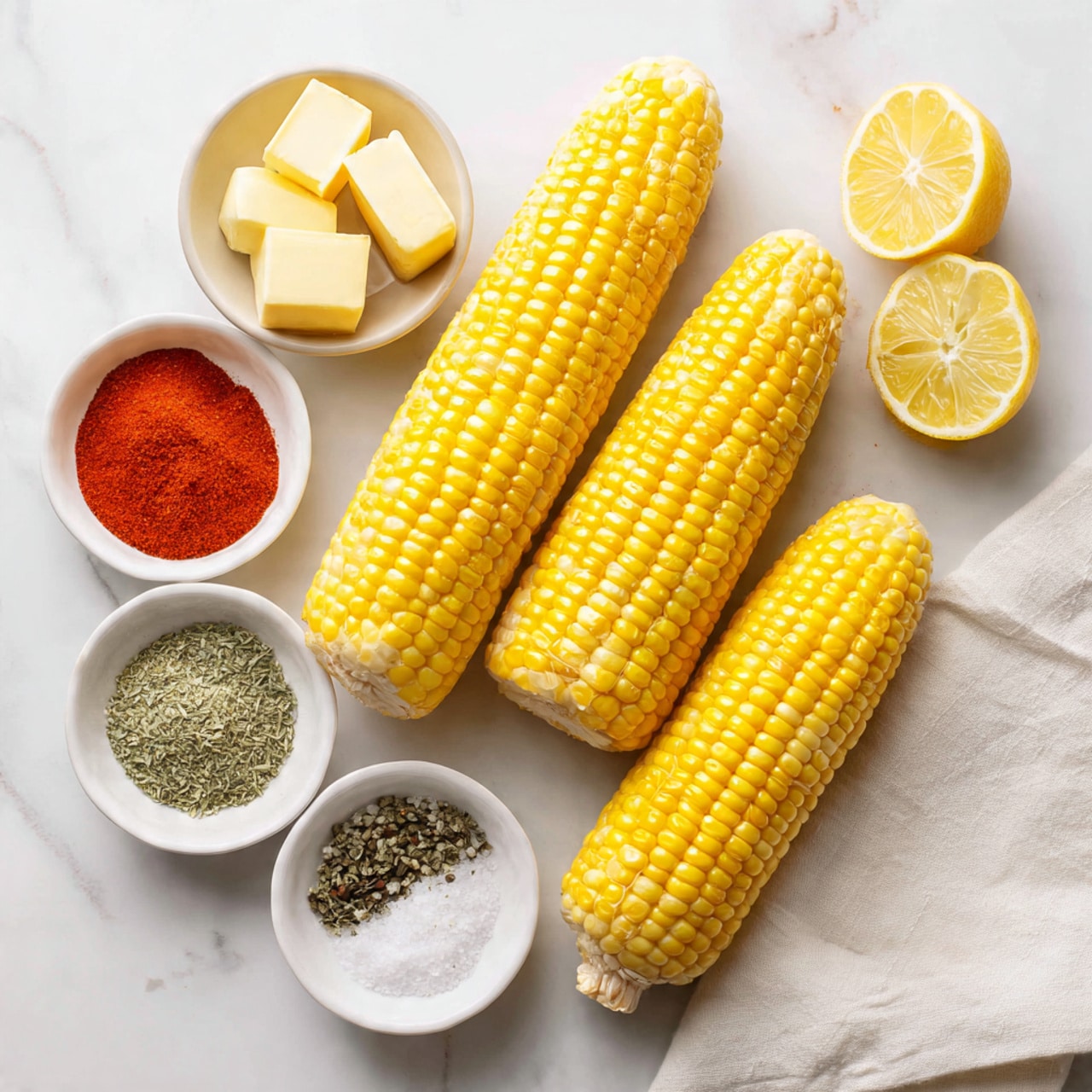 The image shows three bright yellow corn cobs placed vertically on a white marbled surface to the right of the frame. To the left of the cobs, there are five small white bowls arranged in a loose circle, each containing a different ingredient: one bowl has red paprika powder, another has three small rectangular yellow butter pieces, a third bowl contains light yellow garlic powder, the fourth bowl holds green dried herbs, and the last has a mix of black pepper and white salt. At the top right corner, there are two halves of a yellow lemon placed side by side with the cut faces up. A white cloth is slightly visible at the bottom right corner. photo taken with an iphone --ar 4:5 --v 7