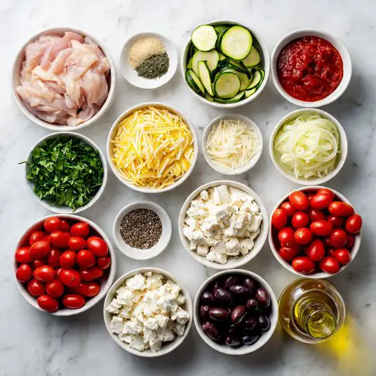 The image shows an arrangement of 11 small white bowls on a white marbled surface, each filled with different ingredients. In the top left corner, there is a whole light pink piece of raw chicken. To the right, a bowl with green zucchini slices is visible. Below, there is a bowl with shredded pale yellow cheese next to a bowl filled with peeled red tomato sauce. A bowl with white chopped onions sits nearby. Fresh green herbs are placed in a small bunch to the left of two white bowls containing black pepper and mixed white and black spices. A bowl full of crumbled white cheese is present near the center. At the bottom of the frame, halved bright red cherry tomatoes and a bottle of golden olive oil are arranged beside a bowl with dark purple whole olives. The photo taken with an iphone --ar 4:5 --v 7