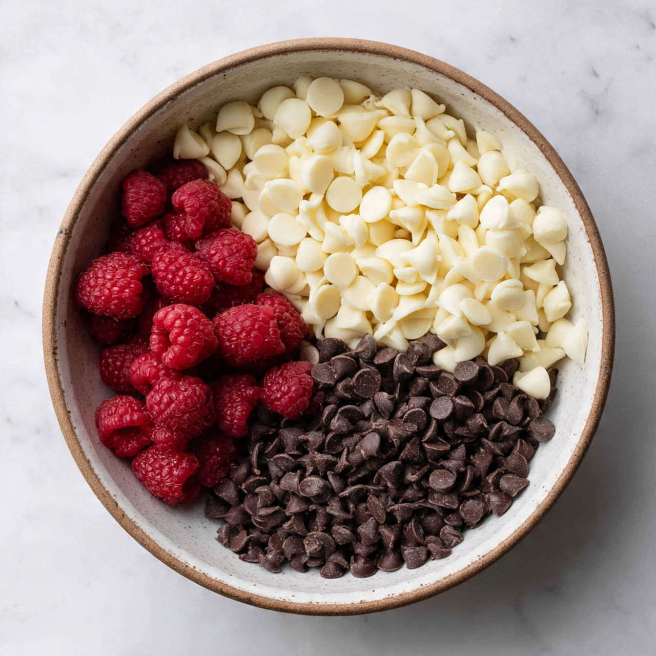 The image shows a round bowl with a white inside, filled with different ingredients side by side. At the top right, there is a light cream-colored pile of white chocolate chips. On the bottom right, there is a dark pile of small chocolate chips. On the bottom left, there are bright red raspberries. The base layer beneath these ingredients is a brown, thick mixture. The bowl is on a white marbled surface. photo taken with an iphone --ar 4:5 --v 7
