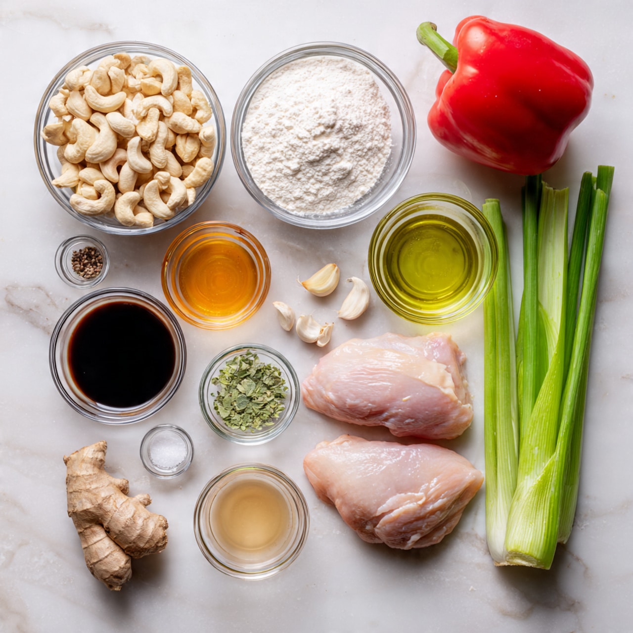 The image shows raw ingredients laid out on a white marbled surface for a dish, including a clear round bowl with two pieces of pale pink raw chicken at the bottom center. Next to it are green celery stalks and long green onions positioned horizontally on the right. At the top right, there is a fresh red bell pepper and a piece of ginger. Several small clear bowls contain different liquids and powders: a large bowl with creamy white cashew nuts on the top left, a bowl with dark soy sauce just right of the cashews, a bowl with white powder (likely cornstarch) above the chicken, and smaller bowls with golden honey, light brown sauces, and clear liquids scattered around. Two garlic cloves and a mix of salt and pepper in a small separate bowl are placed near the celery. The whole setup is clean and arranged neatly. Photo taken with an iphone --ar 4:5 --v 7