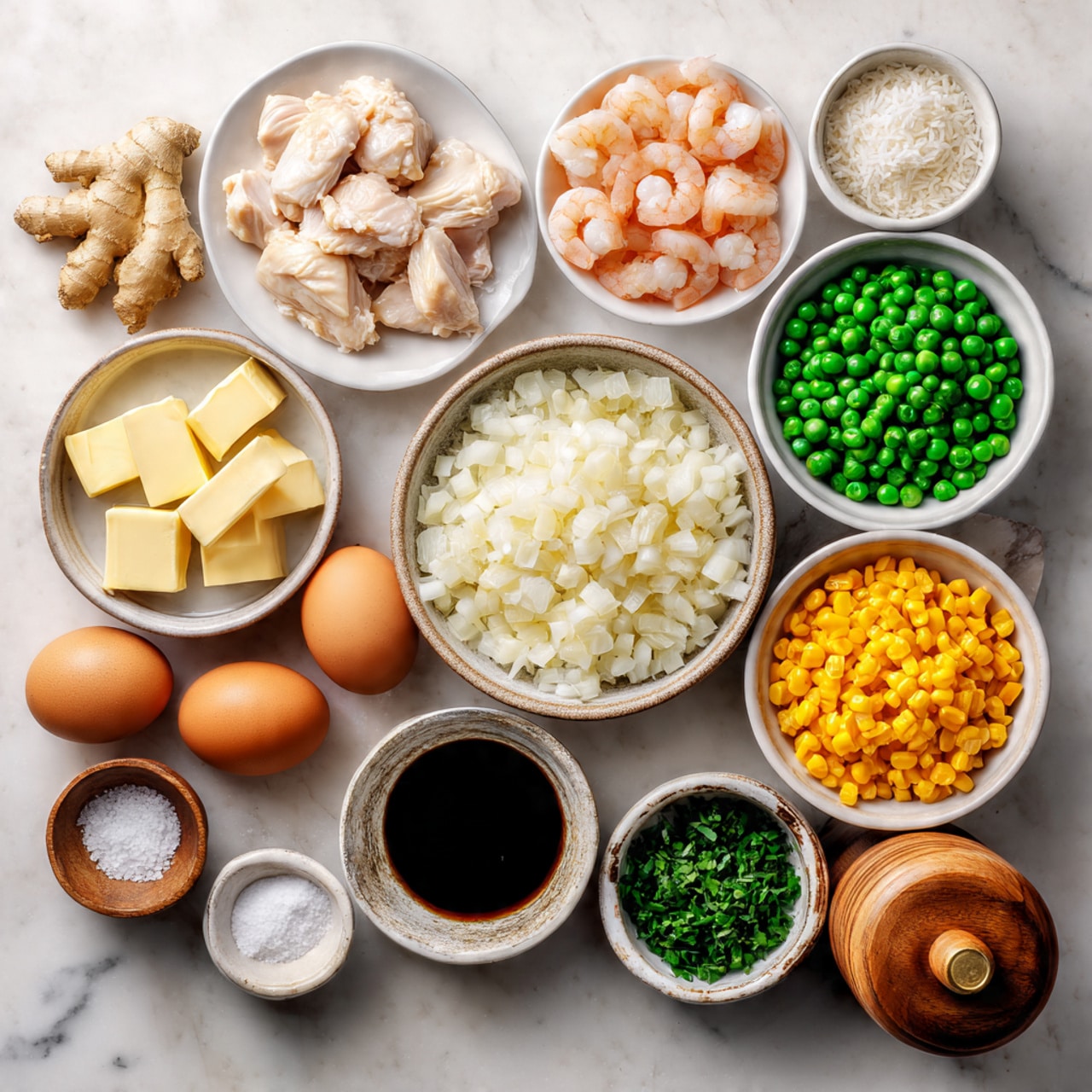 The image shows a white marbled surface with several white bowls and plates containing cooking ingredients neatly arranged. There are two pieces of raw chicken on a white plate at the top left, a bowl of peeled shrimp to the right, and bowls of green peas, yellow corn, and diced orange carrots placed below. A larger bowl in the center holds chopped white onions. To the left, there is a bowl of cooked white rice and a small plate with two blocks of butter. Below these are fresh ginger pieces, two brown eggs, a small bowl of dark soy sauce, a wooden pepper grinder, chopped green herbs, and a bowl of white salt. The colors are natural and fresh with a focus on light tones and textures. photo taken with an iphone --ar 4:5 --v 7