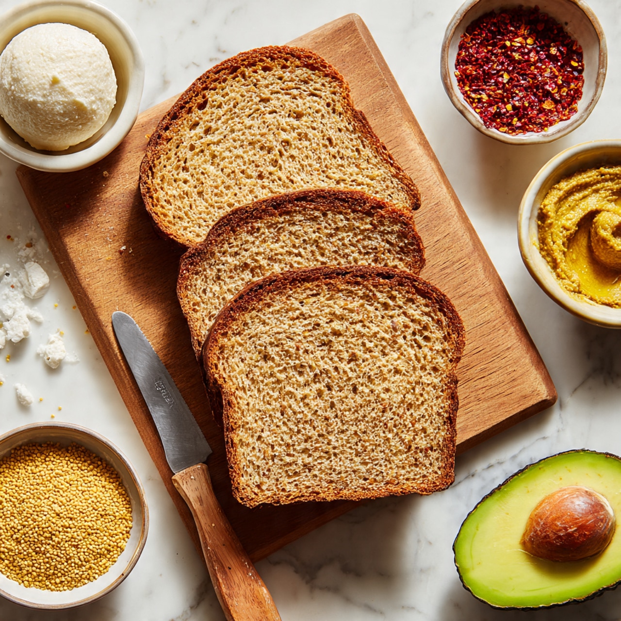 The image shows two slices of whole grain bread on a light brown wooden board placed on a white marbled surface. Around the bread, there are three small white bowls: one with a round, white ball of cheese, another with red chili flakes, and the last with a golden mustard-like spread. In the bottom right corner, there is a halved green avocado with its large brown seed still inside. A knife with a light wooden handle is placed near the top edge of the board. A woman's hand is reaching toward the board from the top left side of the image. Photo taken with an iphone --ar 4:5 --v 7