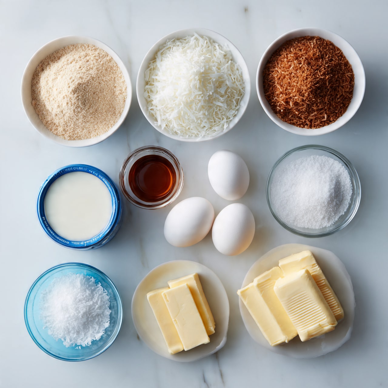 The image shows nine ingredients neatly arranged on a white marbled surface. At the top, from left to right, there are three white bowls with different powders: a beige flour, white shredded coconut, and brown sugar. Below them, from left to right, is a small can of blue and white condensed milk, a small glass bowl with dark vanilla extract, three white eggs side by side, a small glass bowl with white salt, and two sticks of light yellow butter, one stacked slightly on top of the other. The layout is clean and clear with no shadows, and the ingredients look fresh and ready for cooking. Photo taken with an iphone --ar 4:5 --v 7