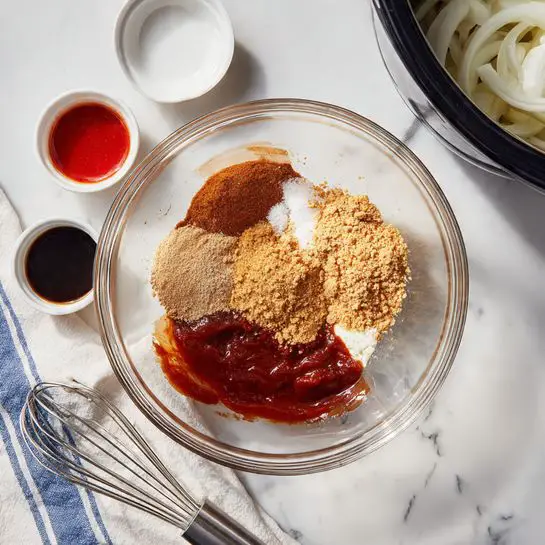A clear glass bowl in the center holds several layers: a deep red thick sauce on the right, a light brown powder on the top left, a beige crumbly layer on the lower middle, and a dark reddish-brown sticky layer spread around the left side. Around the bowl on the white marbled wooden texture surface sit three small white containers, one with leftover red sauce, one empty, and one with a dark liquid. A metal whisk lies on the lower left corner. On the right edge, part of a black slow cooker filled with sliced white onions is visible. A white cloth with blue stripes is folded in the upper left corner. photo taken with an iphone --ar 4:5 --v 7
