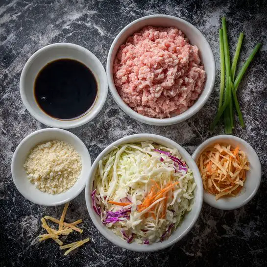 The image shows four white bowls on a dark textured surface with green onions and sesame seeds scattered around. The top right bowl has a light pink, soft textured ground meat filling the bowl almost to the top, with visible lines from the grinder. Below it to the right, another white bowl is filled with mixed shredded vegetables, mainly white cabbage, with some orange carrot strips and small pieces of purple cabbage scattered throughout, creating a colorful, layered effect. To the bottom left, there is a smaller white bowl filled with a dark soy sauce, and above it another smaller white bowl contains minced garlic and light beige powder. Thin crispy golden strips are scattered near the soy sauce bowl. The background is changed to a white marbled texture. Photo taken with an iphone --ar 4:5 --v 7