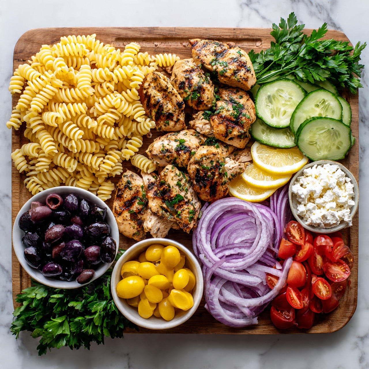 A wooden board holds a colorful array of foods arranged in neat sections: on the top left, a pile of yellow spiral pasta; next to it, four grilled chicken pieces with grill marks and green herb sprinkles; to the right, slices of cucumber stacked neatly with two lemon wedges above them; below the pasta, a small bowl of white crumbly cheese; beside it, a bowl filled with dark and light olives; next to the olives, a bowl with purple sliced onions; on the right side, a pile of yellow cherry tomato halves and a bowl of red cherry tomato halves; fresh green parsley leaves sit around and between the bowls. The board sits on a white marbled surface. Photo taken with an iphone --ar 4:5 --v 7