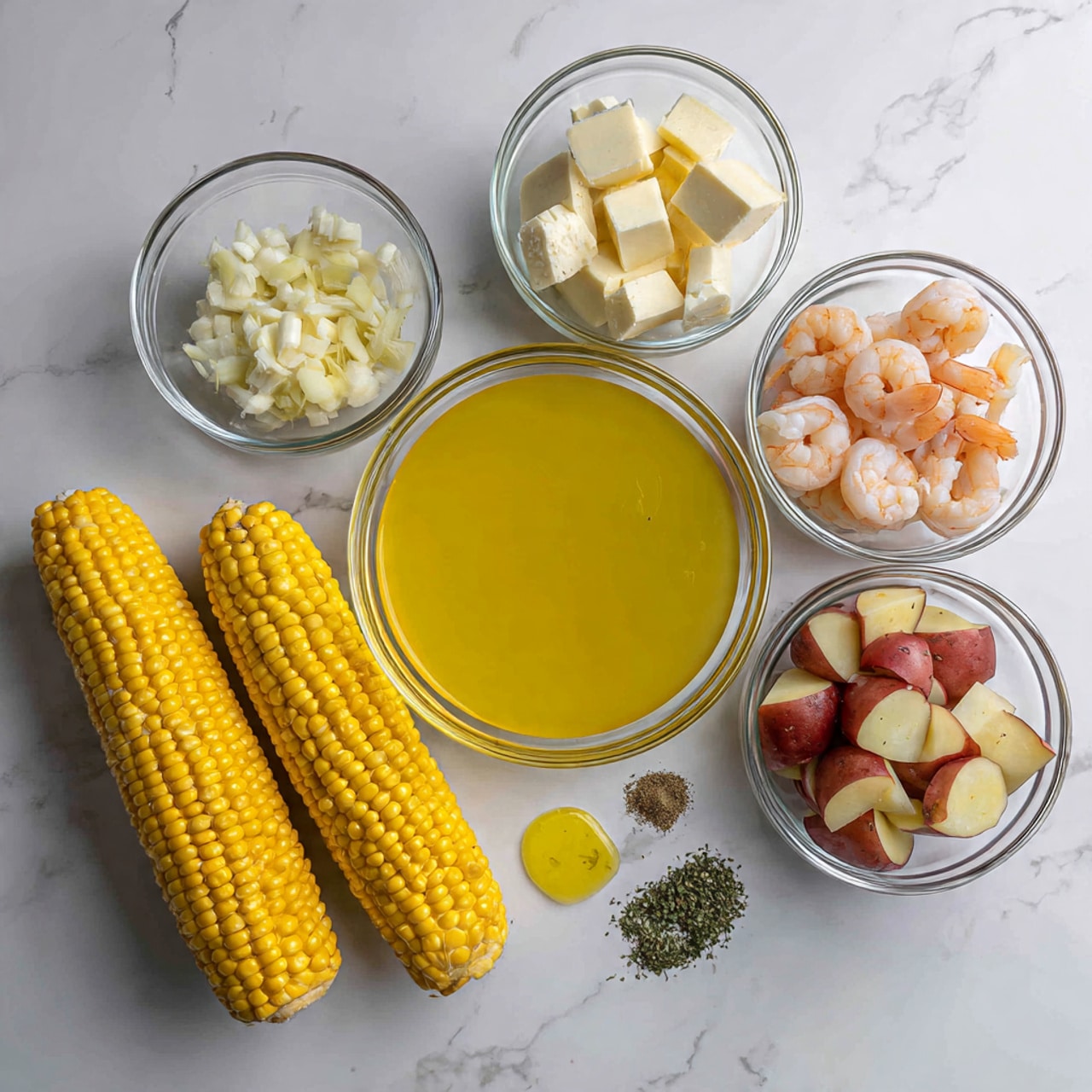 The image shows a white marbled surface with several clear glass bowls arranged neatly. From left to right, there is a small bowl of chopped garlic, a bowl of white cheese cubes, and a larger bowl filled with bright yellow liquid broth in the center. In front of the broth, a bowl contains peeled shrimp, while another bowl on the right side holds chopped red-skinned potatoes. At the bottom left, there are three yellow corn ears placed side by side. Near the front and center are small portions of butter, black pepper, salt, and some green herbs on the right. The setting is clean and organized, giving a fresh and prepared look before cooking. Photo taken with an iphone --ar 4:5 --v 7