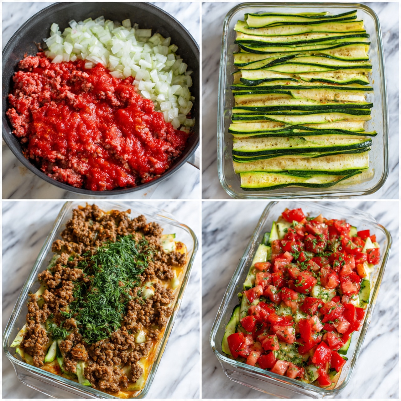 The image shows four steps of making a layered dish. The first step, in the top left, is a close-up of raw red ground meat mixed with finely chopped white onions in a black pan. The next step, top right, shows the first layer of thick green and light green zucchini slices arranged in a clear glass baking dish, topped with crumbled cooked brown ground meat. The bottom left image adds a third layer of bright red tomato sauce poured over the meat and zucchini, along with fresh green chopped herbs including parsley and dill placed mostly in the center of the dish. The final step in the bottom right is the mixed layered dish with chunks of fresh red tomato scattered on top of the browned ground meat and smiling zucchini slices, all inside the clear glass dish, placed on a white marbled surface. Photo taken with an iphone --ar 4:5 --v 7