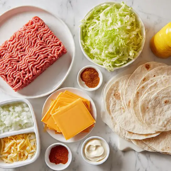 The image shows ingredients laid out neatly on a white marbled surface, including a white plate with a block of raw ground beef with a pinkish-red color and wavy texture; a white plate with several folded soft tortillas, light beige in color with slight brown spots; a white bowl filled with bright green shredded lettuce; a stack of square, orange-yellow cheese slices in plastic wrappers; small white bowls containing diced white onions, finely chopped green pickles, a reddish-brown sauce with a smooth texture, light brown garlic powder, and a deep red spice powder; a white bowl with smooth white mayonnaise; and a yellow bottle of mustard. All items are arranged in a clean, organized manner. Photo taken with an iphone --ar 4:5 --v 7