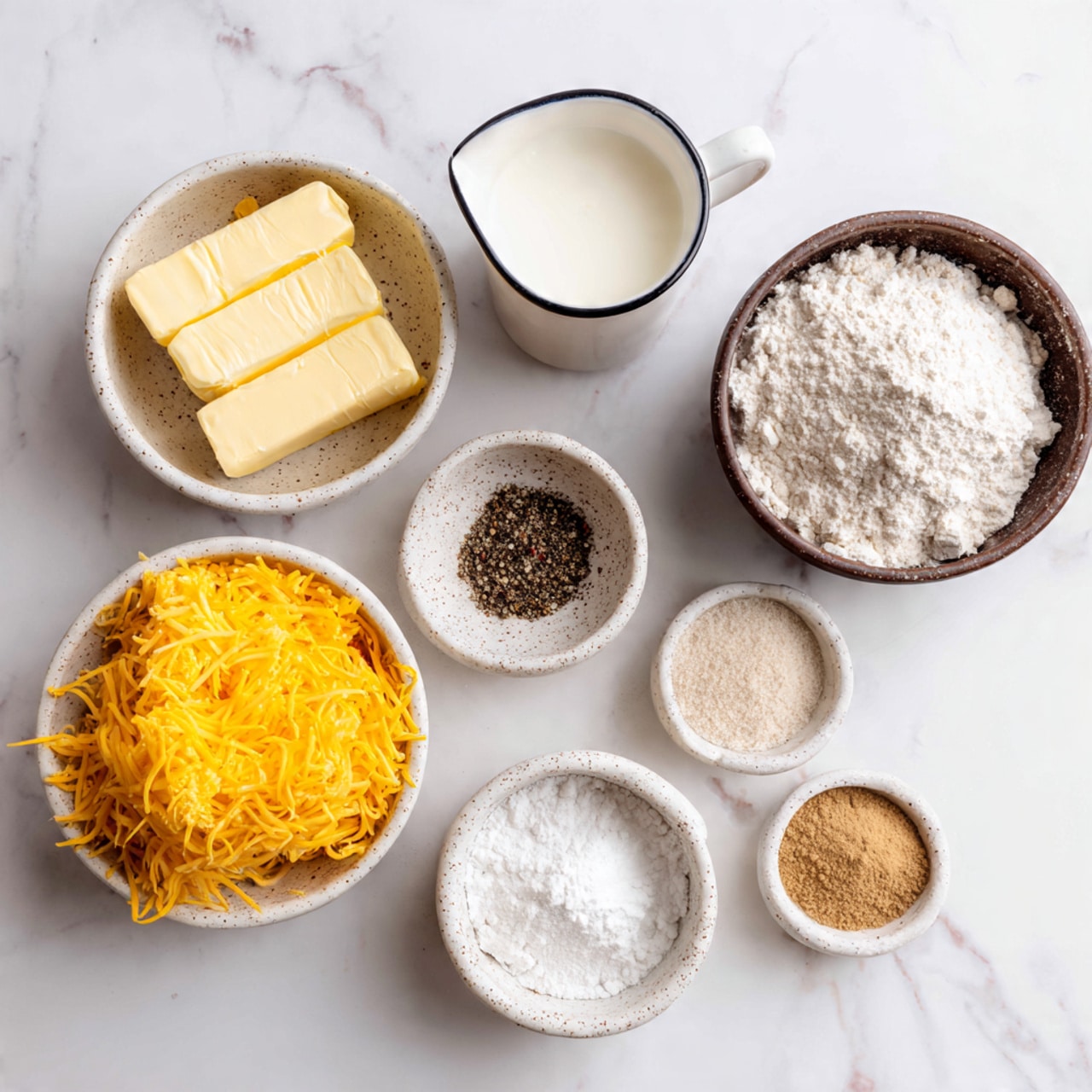 Seven small white and brown bowls are arranged on a white marbled surface. One bowl holds a pile of bright yellow shredded cheese, placed at the bottom right. To its left is a white bowl with three blocks of pale yellow butter. Above the butter, a white cup edged with black contains white milk. Near the center, a speckled off-white bowl has coarse white salt, and next to it, a similar bowl holds ground black pepper. To the upper right, a dark brown bowl is filled with white flour, and just below it, a small white bowl contains a light brown powder. The setup is clean and simple, with the colors distinct against the light textured background photo taken with an iphone --ar 4:5 --v 7