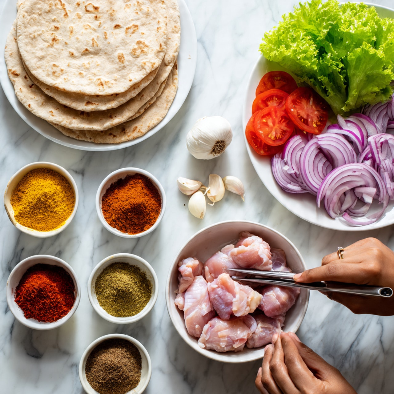 The image shows ingredients for a meal arranged on a white marbled surface. In the center, there is a white bowl with raw chicken pieces, and a woman's hand holding tongs gripping one piece. Surrounding it are several small white bowls filled with colorful spices in shades of yellow, orange, red, brown, and green. To the upper left, there is a stack of round, light beige flatbreads on a white plate. On the upper right, a white plate holds fresh vegetables including green lettuce, bright red tomato slices, and purple onion rings. Additionally, a small pile of chopped garlic sits near the spices. The setup is clean and bright, showing a variety of texture and color contrasts. photo taken with an iphone --ar 4:5 --v 7