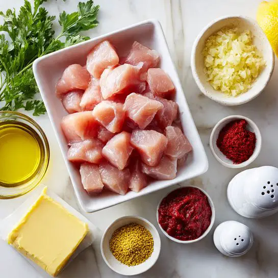 A white rectangular dish holds many raw, small pieces of pink chicken meat spread evenly across the surface. Around the dish on the white marbled background, there is a half-cut lemon with bright yellow skin, a small white bowl with finely chopped pale yellow garlic, a small white bowl with bright red pepper paste, and a small white bowl with yellow mustard seeds. At the front, there is a square piece of pale yellow butter on a white surface, and two small glass containers filled with golden cooking oil and a transparent light yellow liquid. Fresh green parsley rests on the left side, while two white salt and pepper shakers sit on the right. The photo was taken with an iphone --ar 4:5 --v 7