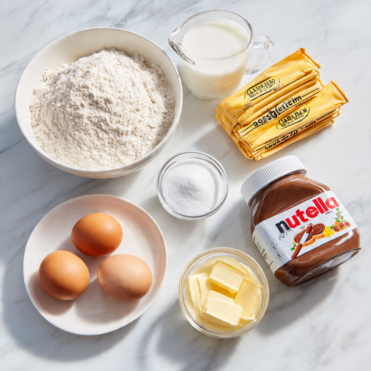 A white bowl on a white marbled surface filled with white flour, next to a small clear bowl of white sugar, a small white bowl of white powdered sugar, and a small clear bowl with light yellow butter. Beside them is a clear measuring cup of white milk, a white plate with two brown eggs, a yellow packet of Fleischmann's RapidRise instant yeast, two sticks of light yellow butter stacked on the surface, and a jar of Nutella with a brown lid and a white label. Photo taken with an iphone --ar 4:5 --v 7