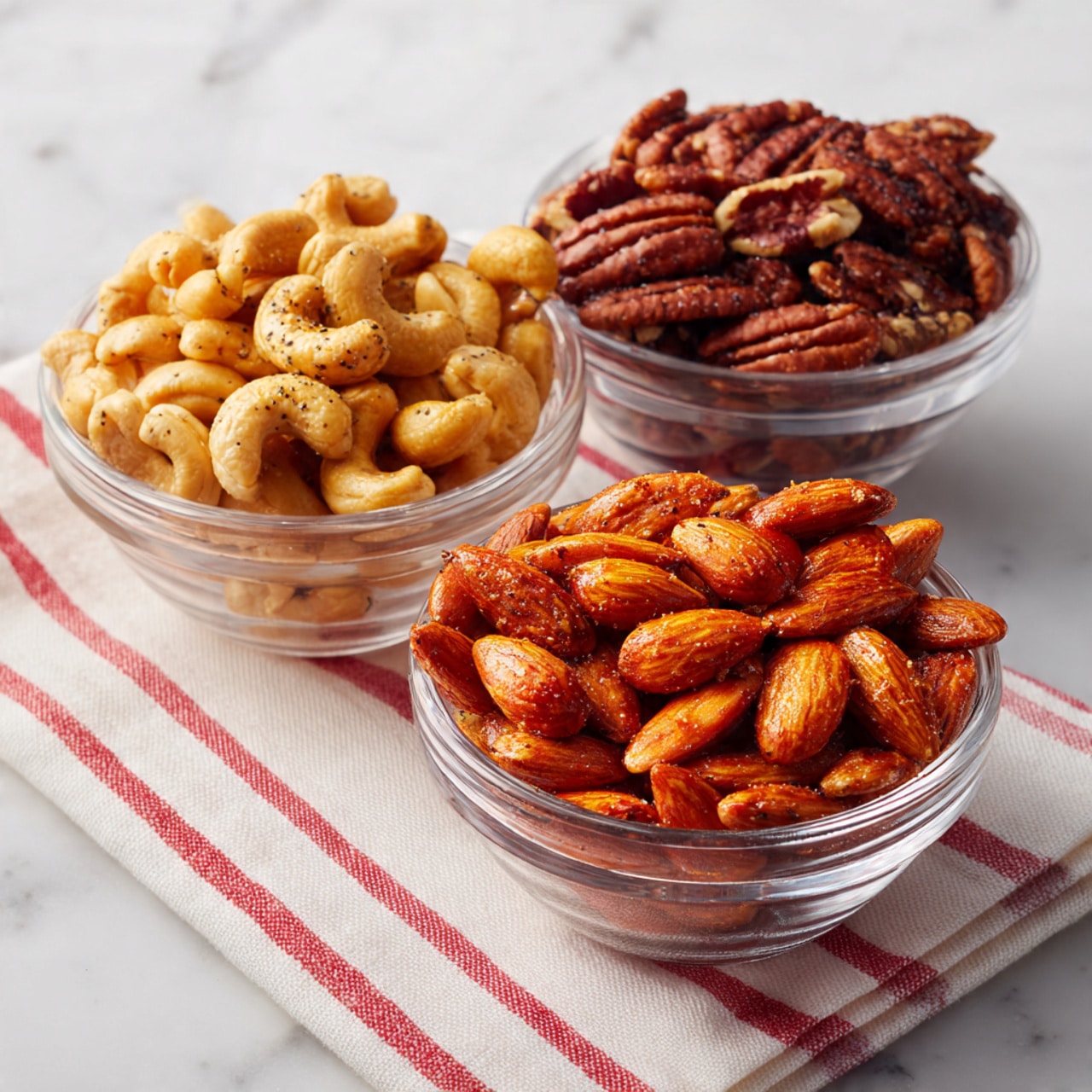 The image shows three clear glass bowls placed close together on a white cloth with thin red stripes, all on a white marbled surface. Each bowl holds a different type of nut: the front bowl is filled with roasted almonds that are orange-brown and shiny, the left bowl contains roasted cashews that have a light golden-brown color with some seasoning visible, and the back bowl is filled with dark brown pecans, showing their rough, textured surface. The bowls are arranged in a slight triangle shape, with the almonds closest to the front. Photo taken with an iphone --ar 4:5 --v 7
