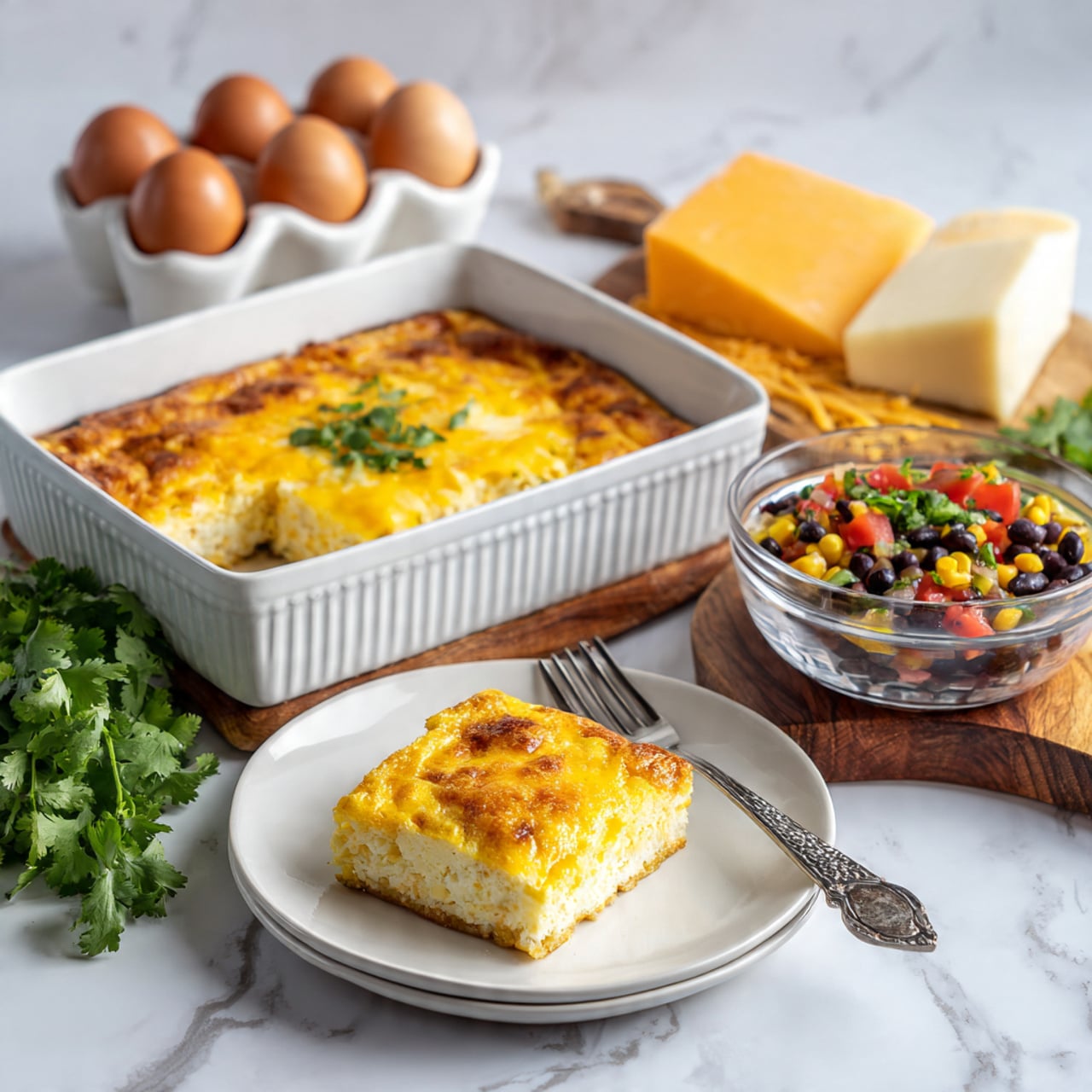A white rectangular baking dish holds a baked egg casserole with a golden yellow top that is slightly browned on the edges, one square piece removed. In the foreground, a single square piece of the casserole with a soft, slightly fluffy yellow texture and crispy brown edges sits on a white round plate accompanied by a silver fork. Behind the baking dish, there is a white ceramic egg holder containing seven brown eggs, a wooden board displaying two large blocks of cheese, one pale yellow and one orange, and a bunch of fresh green cilantro. To the right, a clear glass bowl filled with a mixed black bean, corn, and tomato salsa topped with some chopped cilantro sits on the white marbled surface. Photo taken with an iphone --ar 4:5 --v 7