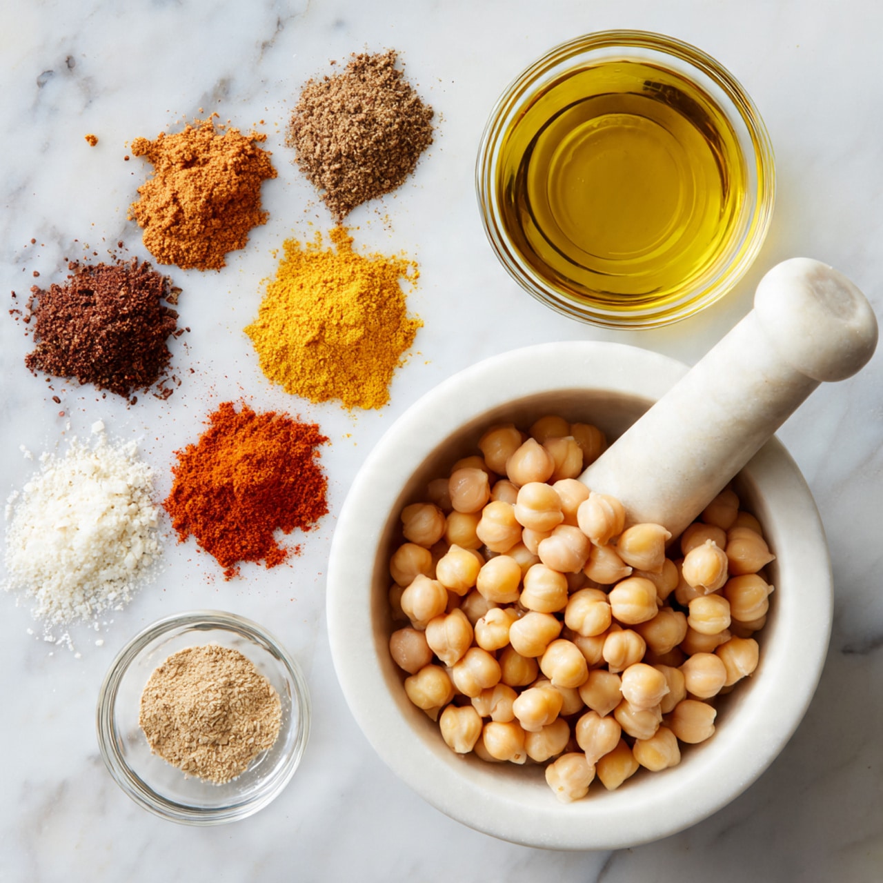 A white bowl filled with a single layer of beige chickpeas sits at the bottom right, next to a small clear glass bowl of golden olive oil on the upper right. On the upper left, there is a white marble mortar with seven different colorful spices arranged neatly in small piles: light brown, dark brown, reddish-orange, yellowish-brown, and white. The white marbled surface underneath holds all the items, creating a clean and bright scene. photo taken with an iphone --ar 4:5 --v 7