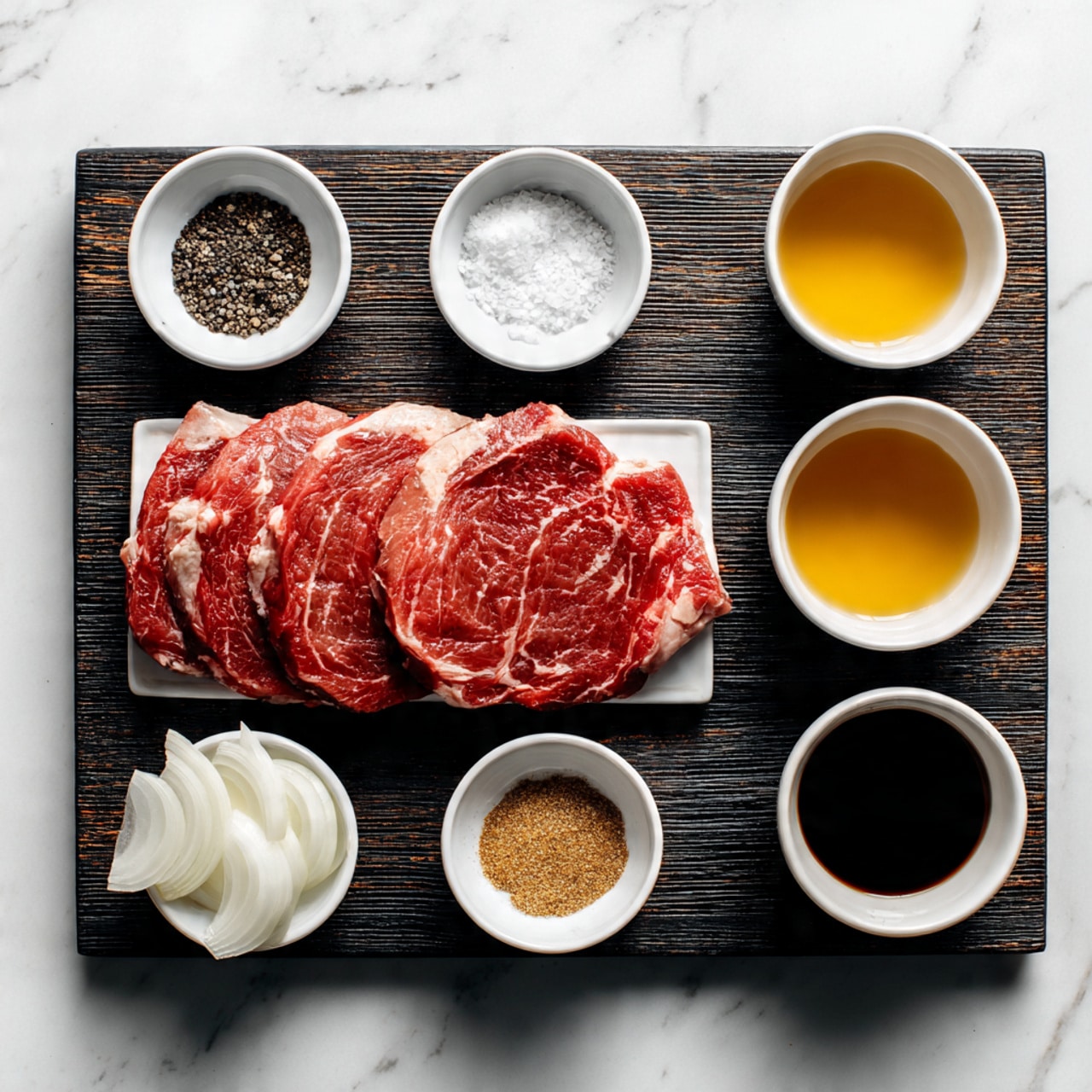 The image shows a large raw red steak on a dark wooden textured tray, with fat marbling visible on the meat. Below the tray, there are small white bowls arranged in two rows; the top row has three bowls containing black pepper, salt, and a golden yellow liquid, while the bottom row has a bowl of white sliced onions on the left, a bowl with a light brown spice in the center, and a bowl with a dark liquid on the right. The setup is on a white marbled surface, creating a clean and bright background. Photo taken with an iphone --ar 4:5 --v 7