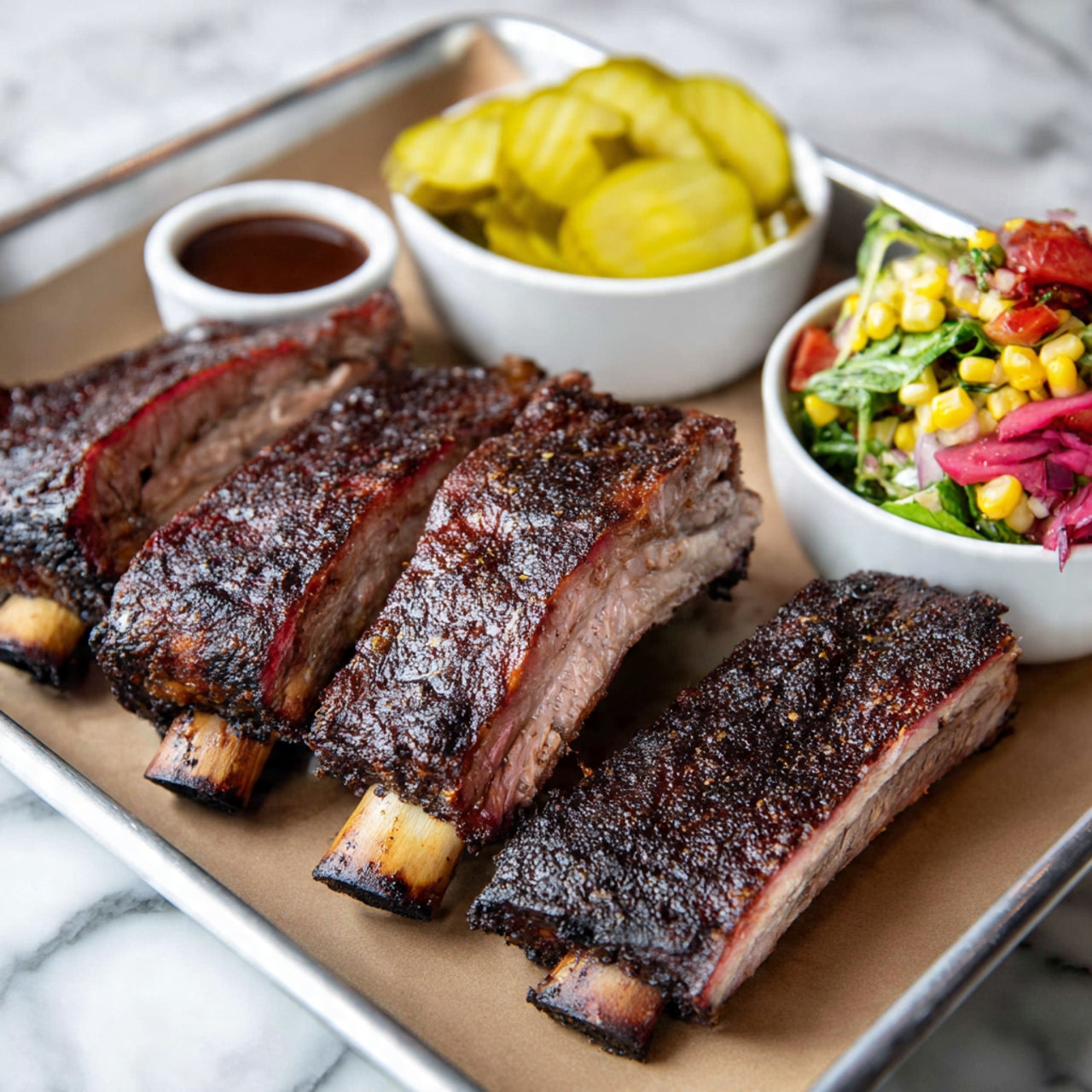 The image shows four large ribs with a dark peppery crust on the outside and tender brown meat inside, arranged on brown paper on a metal tray. Each rib has a visible bone with a slightly charred end. Behind the ribs, there is a white bowl filled with pale yellow pickle slices and a small white container holding dark brown barbecue sauce. To the right, another white bowl contains a fresh salad made of corn kernels, small red tomato pieces, green leafy greens, and bits of red onion. The background surface is a white marbled texture. Photo taken with an iphone --ar 4:5 --v 7