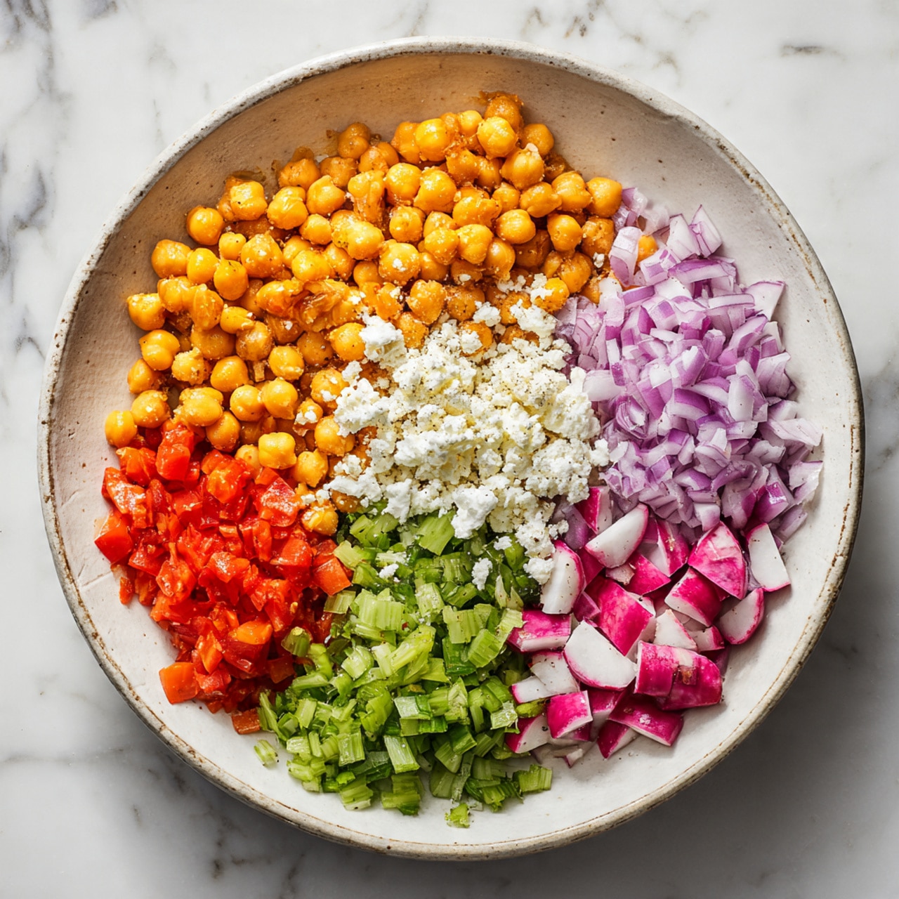 A round white bowl on a white marbled surface holds six separate piles of ingredients arranged side by side in a circle. There are small bright orange pieces, light yellow chickpeas, creamy white crumbled cheese, chopped light green celery, finely chopped red and white radishes, and diced purple onions. The ingredients have a fresh look with distinct colors and textures, all evenly spaced inside the bowl. photo taken with an iphone --ar 4:5 --v 7