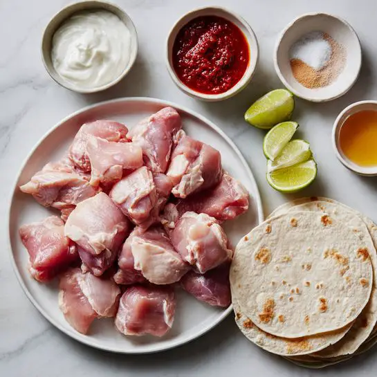 The image shows a white round plate with raw chicken pieces placed on the left side and a stack of white tortillas on the right side. Above the plates, there are small white bowls containing a variety of ingredients: one with white sour cream or yogurt, one with red chili sauce, one with lime wedges, one with a light powder, one with honey, and an empty small white bowl. The surface is a white marbled texture. A woman's hand is holding a small item on the lower left side of the image. photo taken with an iphone --ar 4:5 --v 7