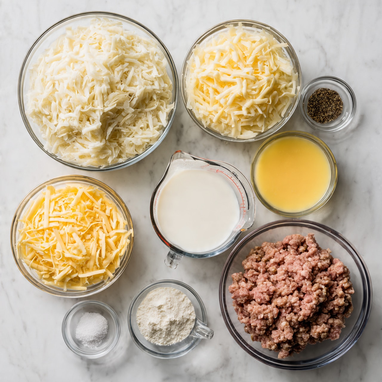 The image shows six clear glass bowls on a white marbled surface, each containing different food ingredients. At the center top is a large bowl filled with shredded white potatoes. To the right of this is a bowl holding a yellow liquid mixture, likely beaten eggs. Below it, on the right, is a bowl of ground sausage meat with a reddish-pink and textured appearance. At the bottom center is a glass measuring cup with white milk. To the left of the milk, near the bottom, is a small bowl of white salt, and above it is a small bowl of black pepper. At the top left side, there is a medium bowl filled with shredded sharp yellow cheese. The ingredients are neatly arranged and evenly spaced. photo taken with an iphone --ar 4:5 --v 7