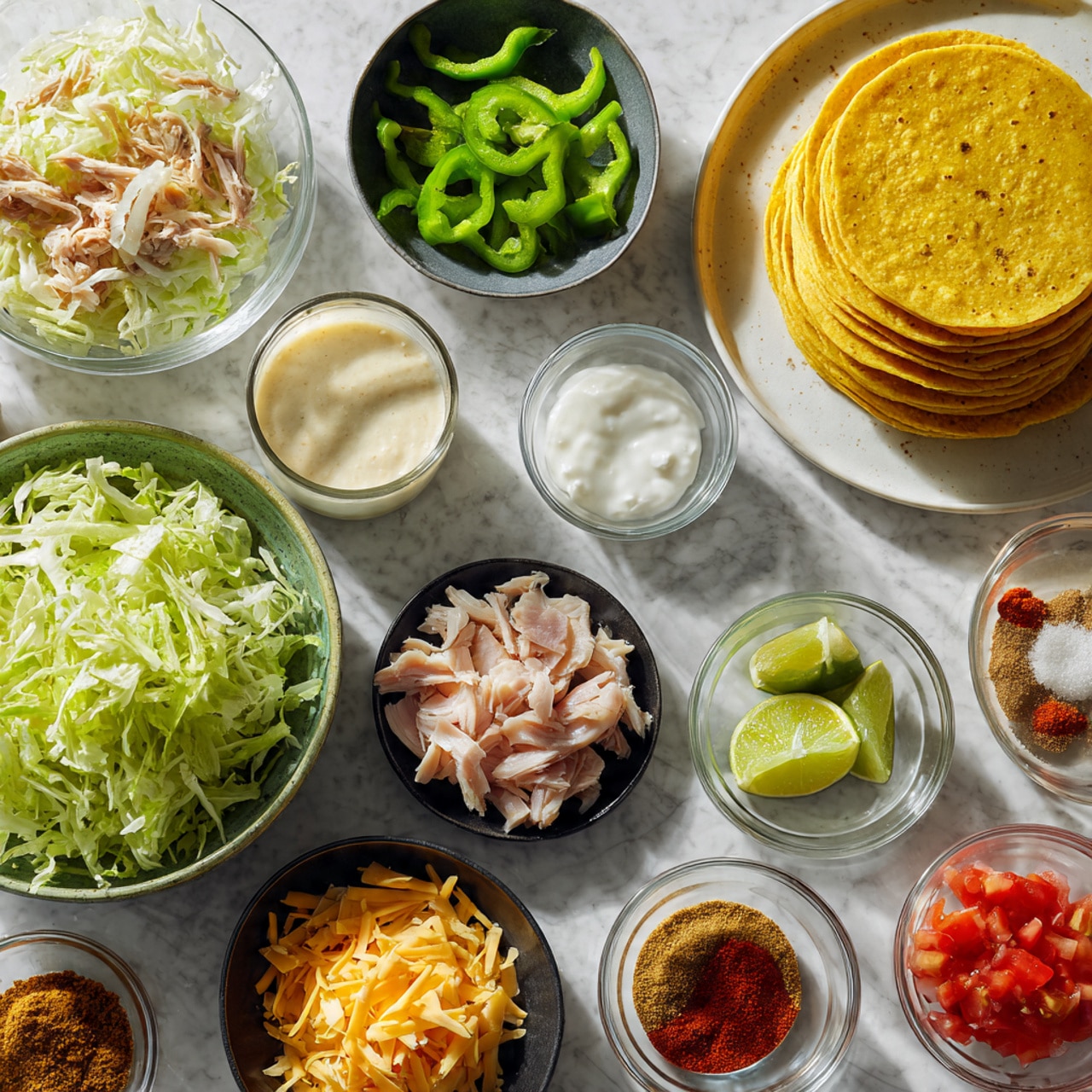 The image shows many small bowls with different ingredients neatly arranged on a white marbled surface. Starting from the top right, there is a stack of yellow corn tortillas on a white plate. To the left of it, there is a small glass of white sauce and a green bowl with sliced green bell peppers. Below those, there is a white bowl with light brown liquid, a small bowl with salt, and another small bowl with lime wedges on a black dish. In the middle row, moving left, there are dark brown bowls with raw sliced chicken and sliced white onions. On the far left, a larger green bowl contains shredded green lettuce. Along the bottom row, from left to right, there are small bowls with ground spices in brown, a glass bowl with white creamy sauce, another bowl with red powder, a clear glass bowl with shredded orange cheese, a small bowl with a creamy white liquid, and a small glass bowl with diced red tomatoes. The whole setup is well lit with natural light, emphasizing the fresh colors and textures of the ingredients. Photo taken with an iphone --ar 4:5 --v 7